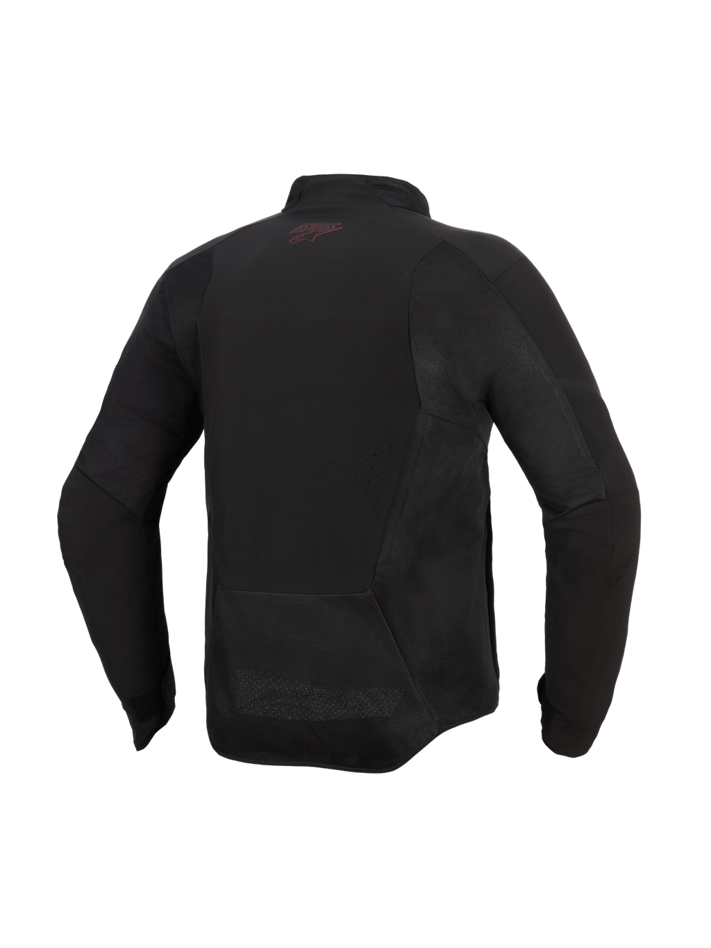 Kurtka Alpinestars Aeroshell Airflow, kurtka motocyklowa, czarno-antracytowa, widok z tyłu z panelami z siatki i laserowo perforowanymi strefami wentylacyjnymi, wydłużony tył zapewniający osłonę podczas jazdy, małe czerwone logo na karku, lekka konstrukcja softshell o sportowym kroju