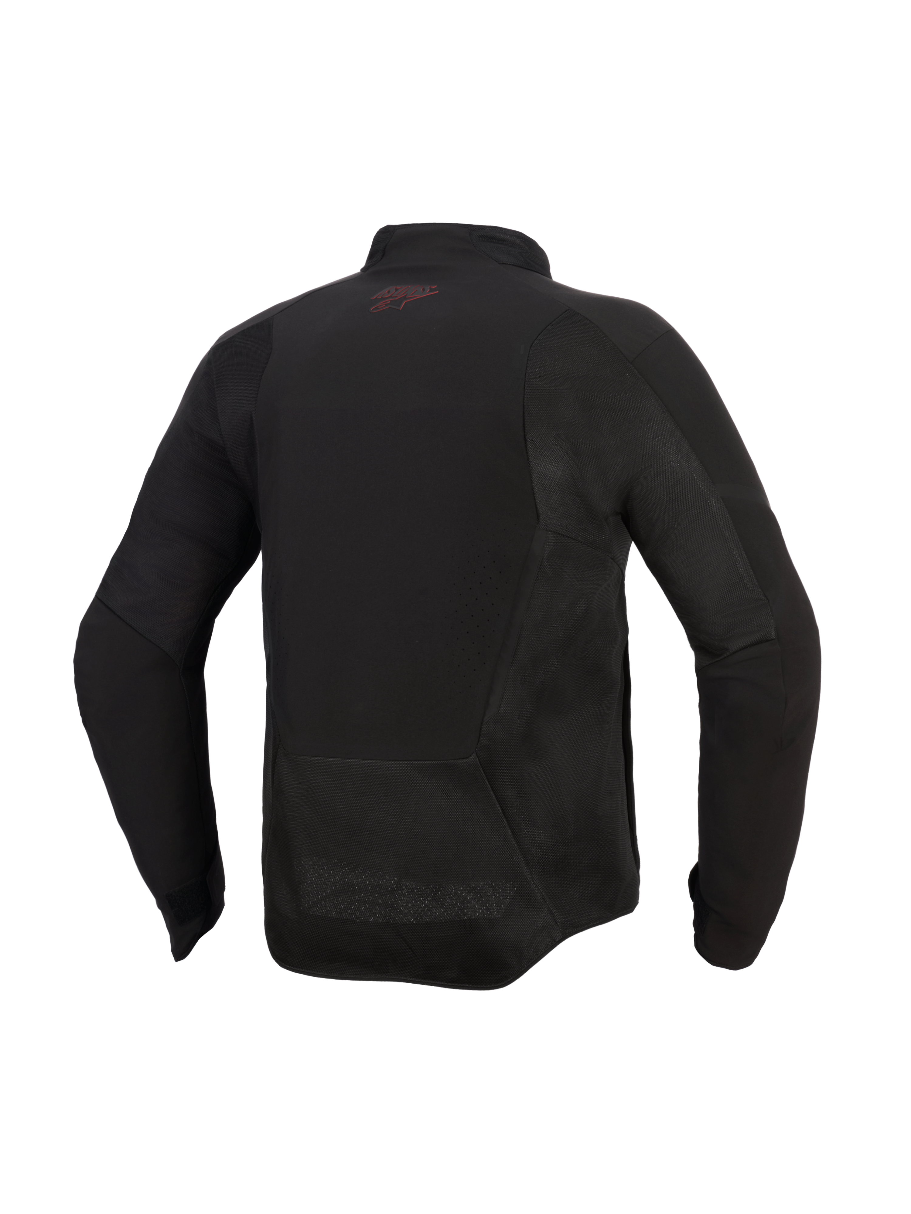Kurtka Alpinestars Aeroshell Airflow, kurtka motocyklowa, czarno-antracytowa, widok z tyłu z panelami z siatki i laserowo perforowanymi strefami wentylacyjnymi, wydłużony tył zapewniający osłonę podczas jazdy, małe czerwone logo na karku, lekka konstrukcja softshell o sportowym kroju