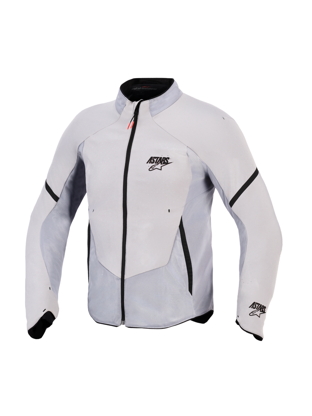 Alpinestars Aeroshell Airflow Jacket, kurtka motocyklowa, szary antracyt, lekki elastyczny softshell z rozległymi laserowo perforowanymi panelami z siatki, czarny przedni zamek błyskawiczny z czerwonym uchwytem, logo ASTARS na piersi i rękawie, sportowy krój zapewniający maksymalną oddychalność