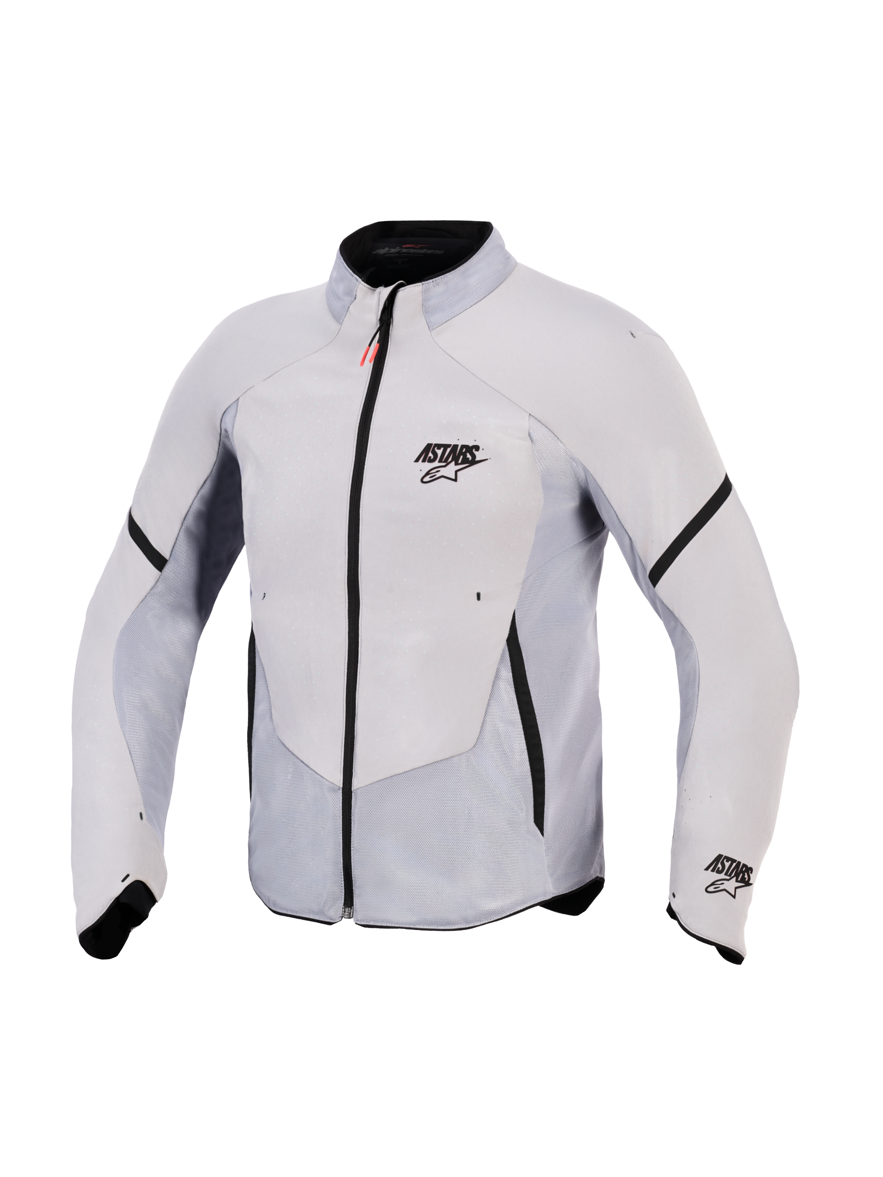 Alpinestars Aeroshell Airflow Jacket, kurtka motocyklowa, szary antracyt, lekki elastyczny softshell z rozległymi laserowo perforowanymi panelami z siatki, czarny przedni zamek błyskawiczny z czerwonym uchwytem, logo ASTARS na piersi i rękawie, sportowy krój zapewniający maksymalną oddychalność