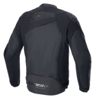 Kurtka Alpinestars T-GP Plus R V4 Airflow, czarna/czarna, widok z tyłu, posiada duży panel z siatki dla maksymalnego przepływu powietrza, perforowaną górną część pleców, subtelne tłoczone logo oraz branding Alpinestars Racing Ahead na dole pleców, tekstylna kurtka motocyklowa o sportowym kroju
