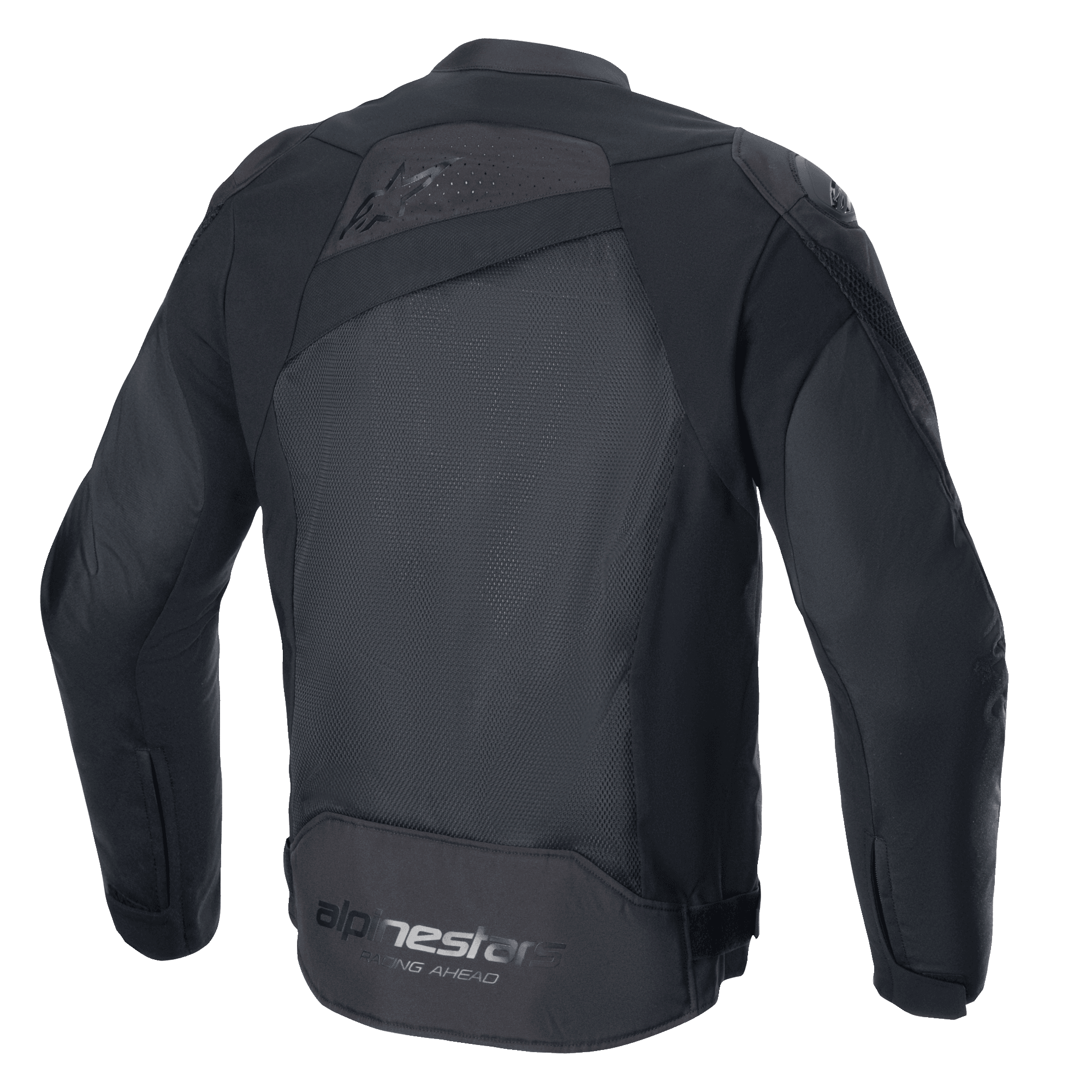 Kurtka Alpinestars T-GP Plus R V4 Airflow, czarna/czarna, widok z tyłu, posiada duży panel z siatki dla maksymalnego przepływu powietrza, perforowaną górną część pleców, subtelne tłoczone logo oraz branding Alpinestars Racing Ahead na dole pleców, tekstylna kurtka motocyklowa o sportowym kroju