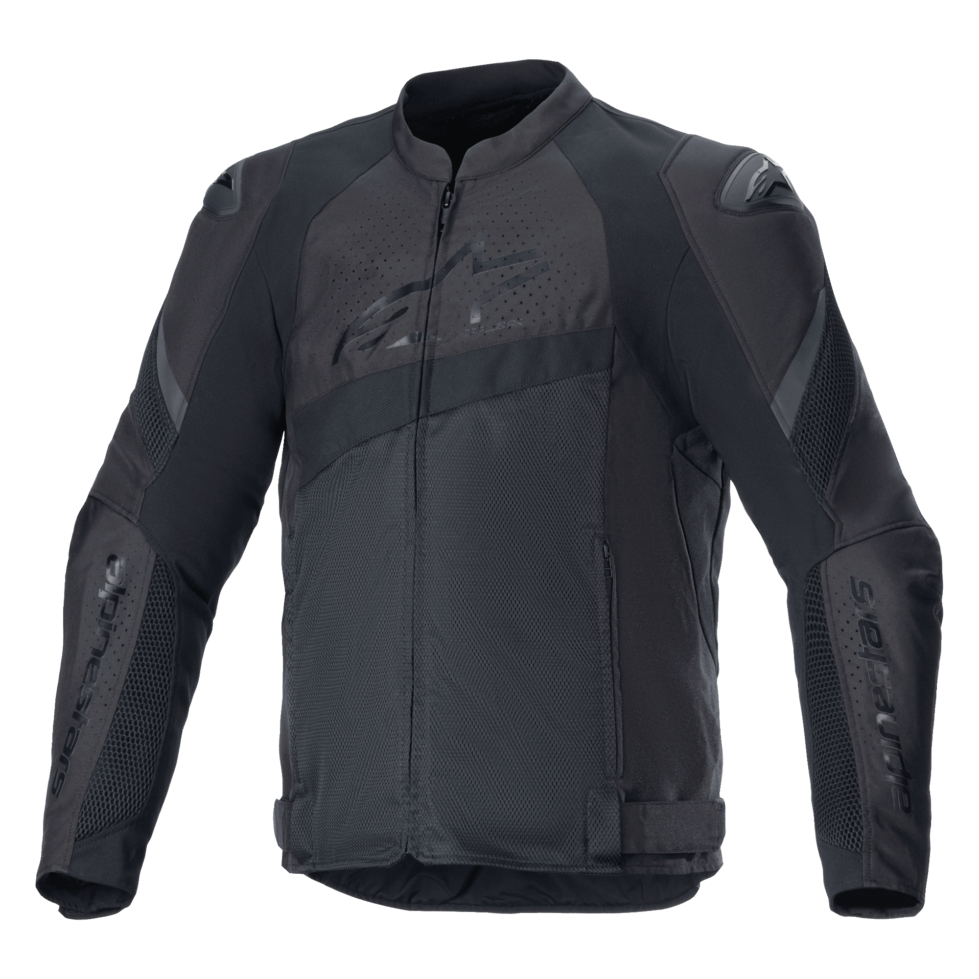 Alpinestars T-GP Plus R V4 Airflow Jacket, czarna tekstylna motocyklowa kurtka wyścigowa, rozległe panele wentylacyjne z siatki, perforowane strefy na klatce piersiowej i plecach, ochraniacze ramion DFS Lite, regulowane paski w talii, sportowa odzież motocyklowa