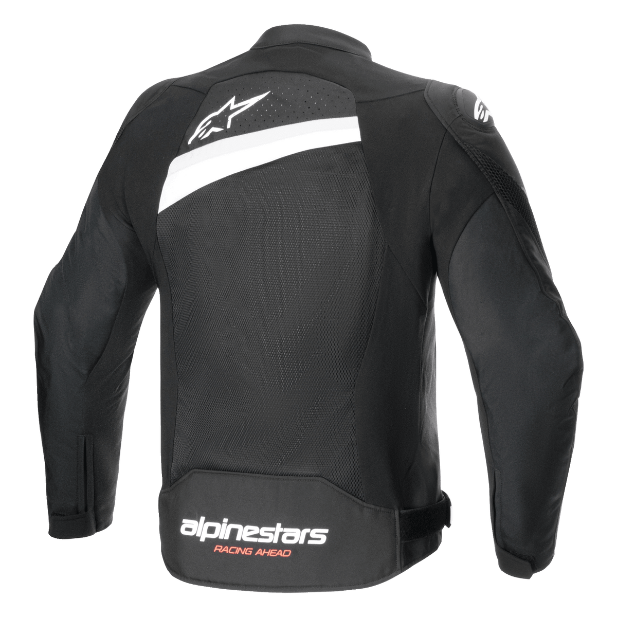 Alpinestars T-GP Plus R V4 Airflow Jacket, tekstylna kurtka motocyklowa, czarno-biała, widok z tyłu z szerokim panelem z siatki, białe logo z gwiazdą w górnej części pleców i branding Alpinestars Racing Ahead na dole, sportowy krój dla optymalnej wentylacji