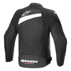 Alpinestars T-GP Plus R V4 Airflow Jacket, tekstylna kurtka motocyklowa, czarno-biała, widok z tyłu z szerokim panelem z siatki, białe logo z gwiazdą w górnej części pleców i branding Alpinestars Racing Ahead na dole, sportowy krój dla optymalnej wentylacji