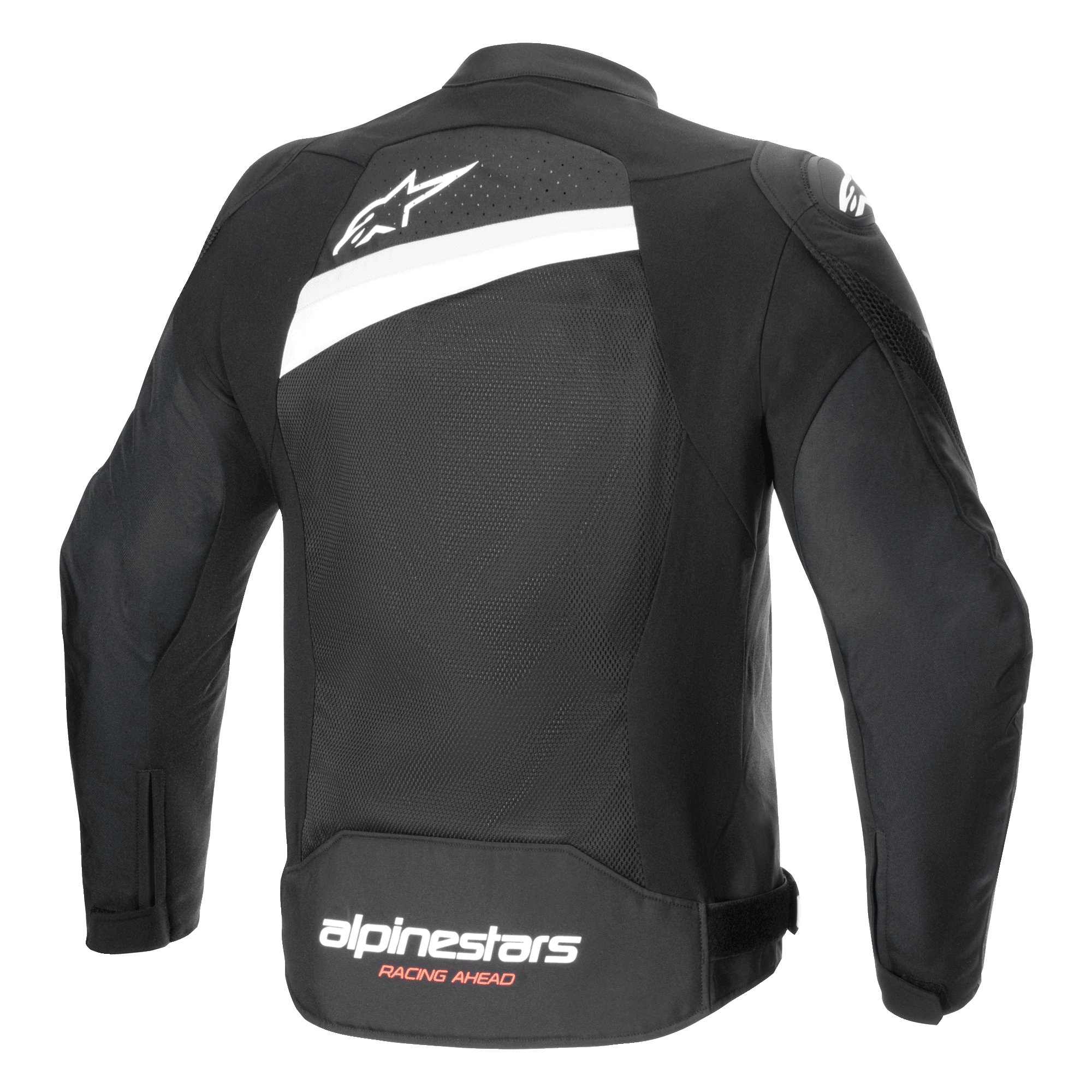 Alpinestars T-GP Plus R V4 Airflow Jacket, tekstylna kurtka motocyklowa, czarno-biała, widok z tyłu z szerokim panelem z siatki, białe logo z gwiazdą w górnej części pleców i branding Alpinestars Racing Ahead na dole, sportowy krój dla optymalnej wentylacji