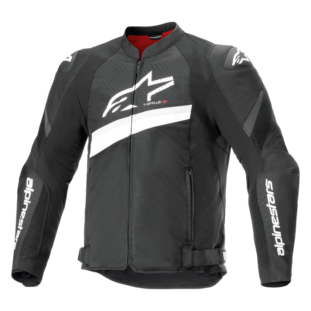 Alpinestars T-GP Plus R V4 Airflow Jacket, tekstylna sportowa kurtka motocyklowa, czarno-biała, duże białe logo Astar na piersi, perforowane panele z siatki dla wentylacji, czerwona podszewka i ochraniacze ramion DFS Lite