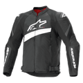 Alpinestars T-GP Plus R V4 Airflow Jacket, tekstylna sportowa kurtka motocyklowa, czarno-biała, duże białe logo Astar na piersi, perforowane panele z siatki dla wentylacji, czerwona podszewka i ochraniacze ramion DFS Lite
