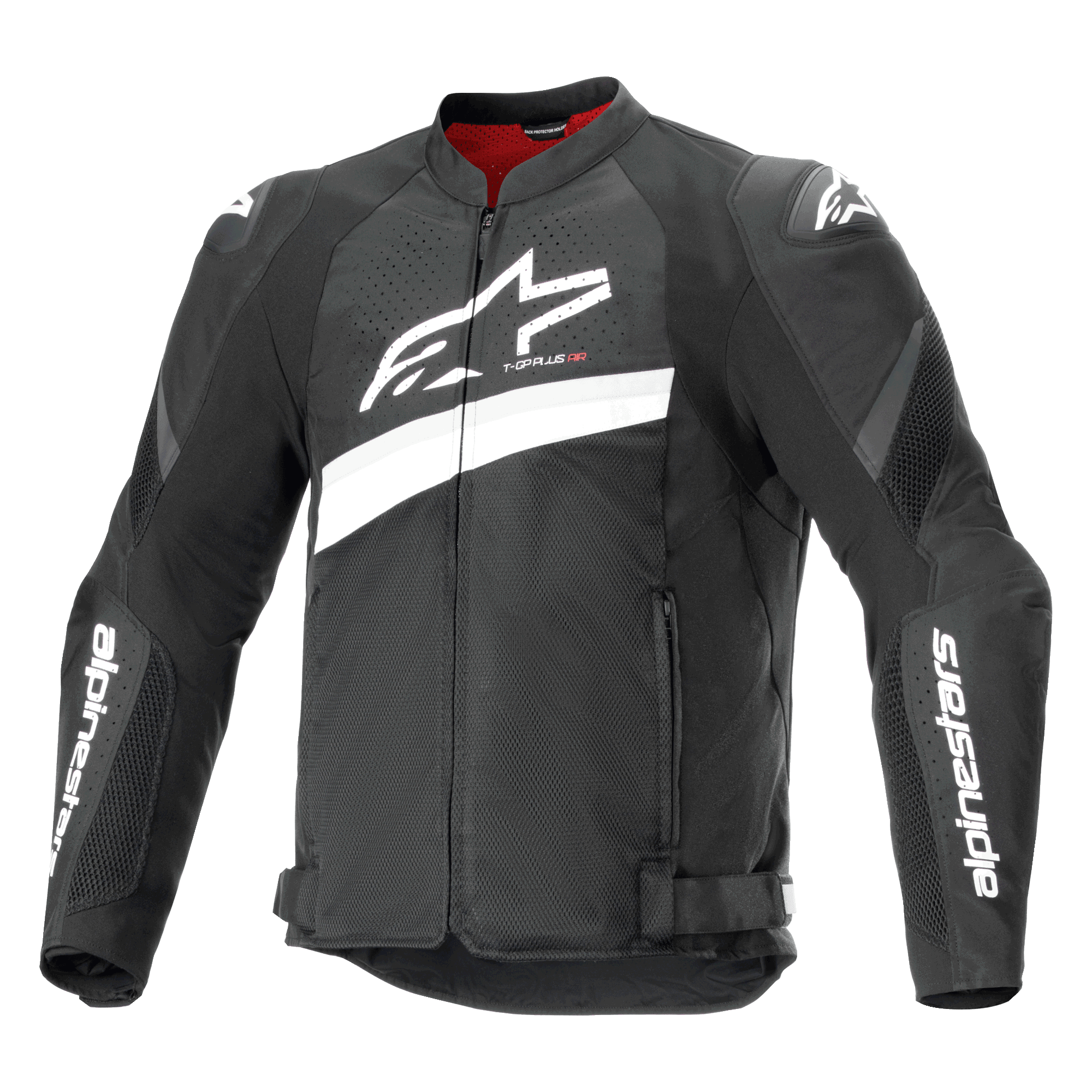 Alpinestars T-GP Plus R V4 Airflow Jacket, tekstylna sportowa kurtka motocyklowa, czarno-biała, duże białe logo Astar na piersi, perforowane panele z siatki dla wentylacji, czerwona podszewka i ochraniacze ramion DFS Lite
