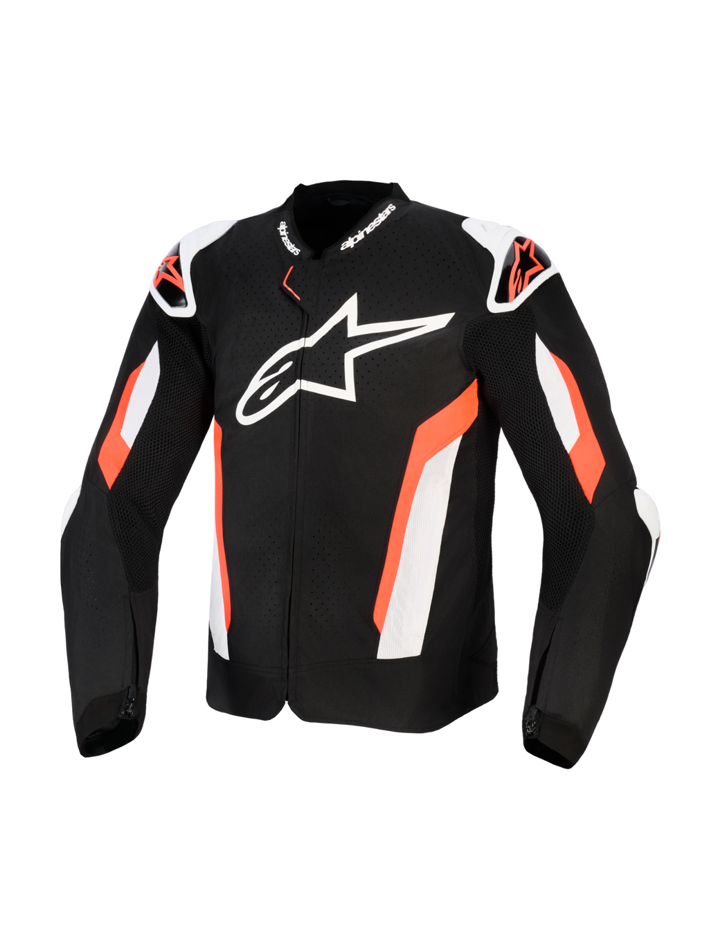 Alpinestars T-GP Air Jacket, tekstylna kurtka motocyklowa w kolorze czarnym i czerwonym fluo, duże białe logo Alpinestars na klatce piersiowej, laserowo perforowane panele z siatki zapewniające wentylację, zewnętrzne osłony ramion oraz sportowy krój do bezpiecznej jazdy szosowej.