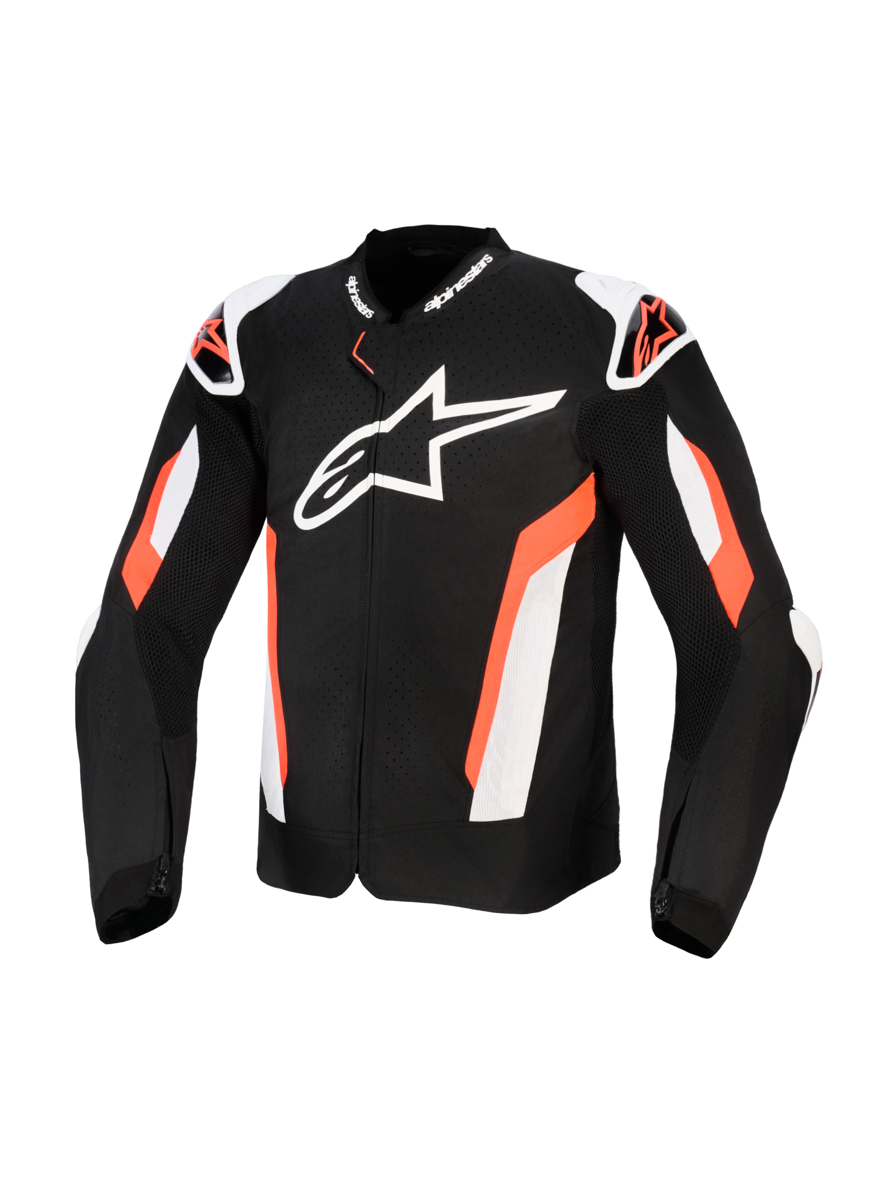 Alpinestars T-GP Air Jacket, tekstylna kurtka motocyklowa w kolorze czarnym i czerwonym fluo, duże białe logo Alpinestars na klatce piersiowej, laserowo perforowane panele z siatki zapewniające wentylację, zewnętrzne osłony ramion oraz sportowy krój do bezpiecznej jazdy szosowej.