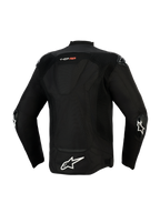 Alpinestars T-GP Air Jacket, Back View, Black, featuring a large white star logo on the lower back and 'T-GP AIR' branding, mesh and laser-perforated panels for airflow, and external sliders on the elbows, sport-derived textile riding jacket