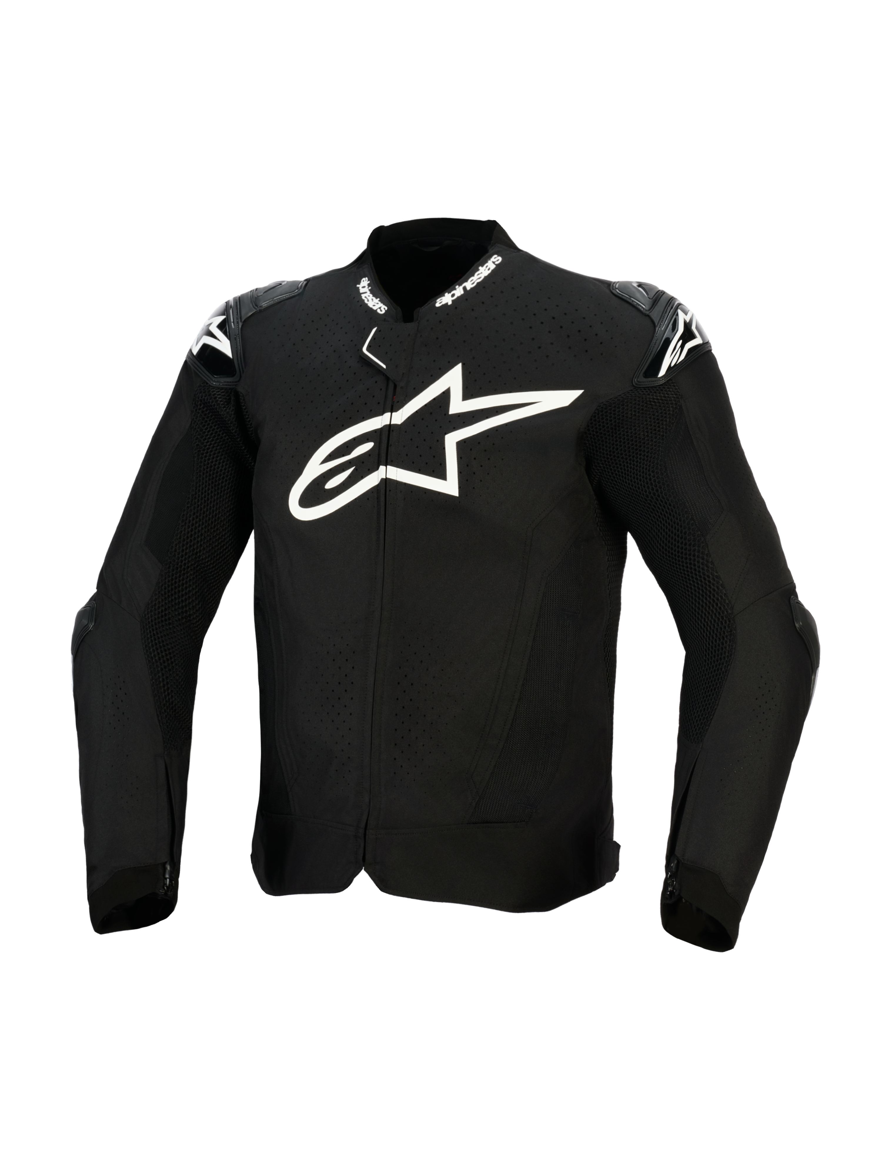 Alpinestars T-GP Air Jacket, Black Textile Motorcycle Jacket, featuring a large white chest logo, laser-perforated ventilation panels, and external shoulder sliders, front view