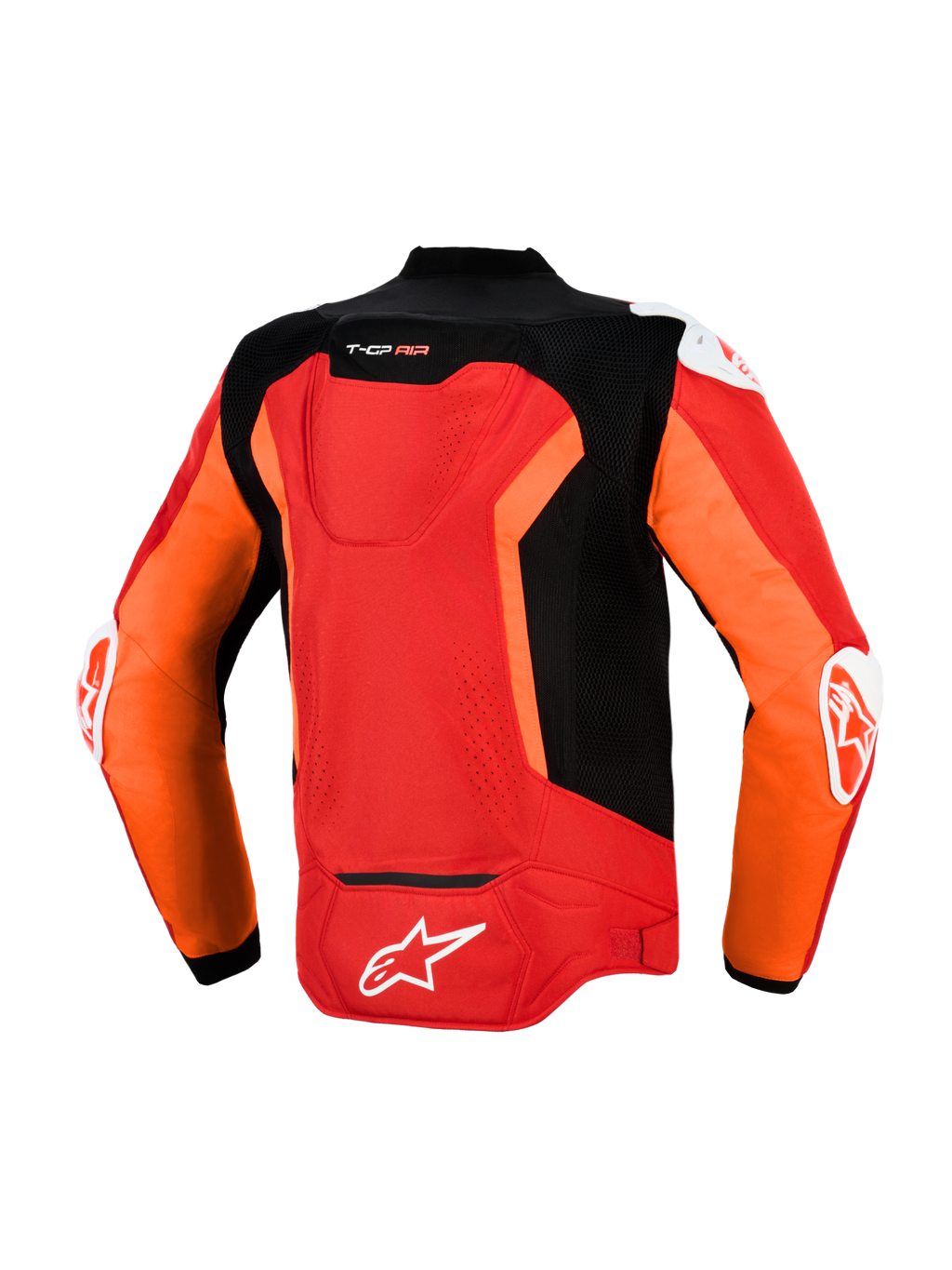 Kurtka Alpinestars T-GP Air, widok z tyłu, jasnoczerwona, neonowa czerwona i czarna, tekstylna sportowa kurtka motocyklowa, laserowo perforowane panele mesh, garb aerodynamiczny Supertech R10, zewnętrzne slidery DFS na ramionach i łokciach, białe logo Alpinestars na dole pleców