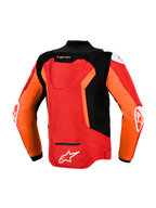 Kurtka Alpinestars T-GP Air, widok z tyłu, jasnoczerwona, neonowa czerwona i czarna, tekstylna sportowa kurtka motocyklowa, laserowo perforowane panele mesh, garb aerodynamiczny Supertech R10, zewnętrzne slidery DFS na ramionach i łokciach, białe logo Alpinestars na dole pleców