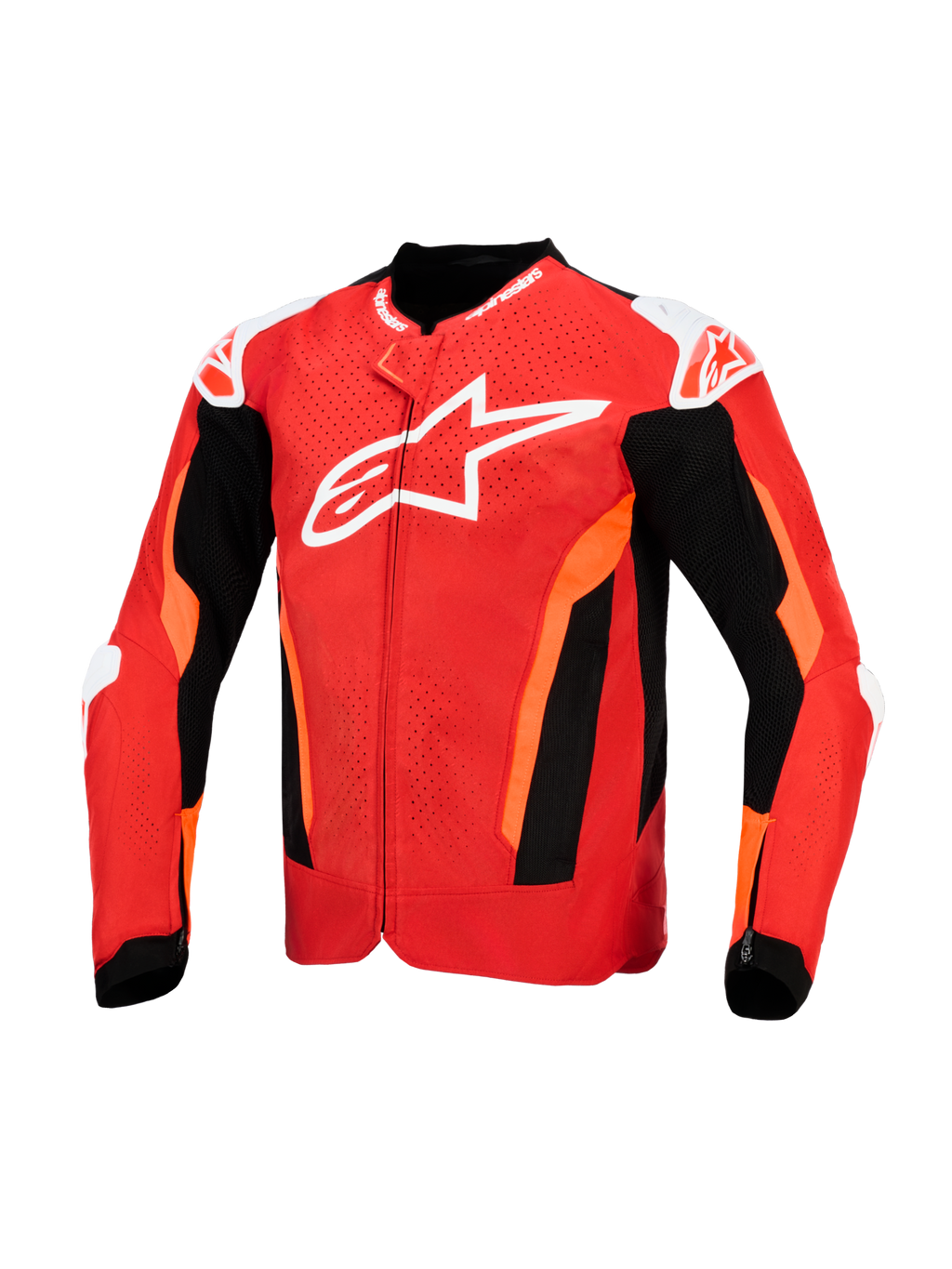 Alpinestars T-GP Air Jacket, tekstylna kurtka motocyklowa, jaskrawoczerwona i czarna z białymi akcentami, duże białe logo na klatce piersiowej, laserowo perforowane panele przednie i czarne sekcje z siatki dla wentylacji, sportowy krój