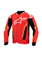 Alpinestars T-GP Air Jacket, tekstylna kurtka motocyklowa, jaskrawoczerwona i czarna z białymi akcentami, duże białe logo na klatce piersiowej, laserowo perforowane panele przednie i czarne sekcje z siatki dla wentylacji, sportowy krój