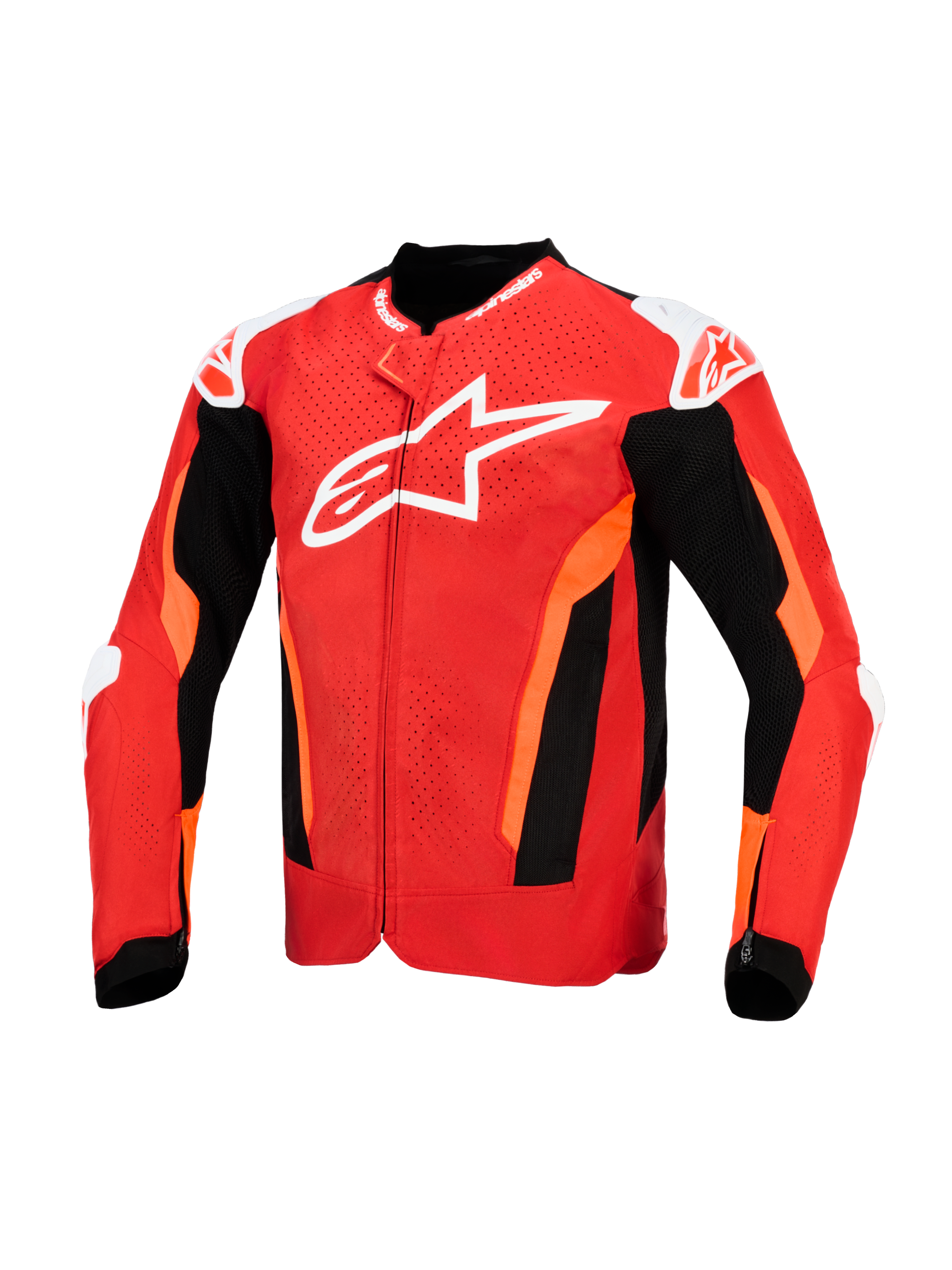 Alpinestars T-GP Air Jacket, tekstylna kurtka motocyklowa, jaskrawoczerwona i czarna z białymi akcentami, duże białe logo na klatce piersiowej, laserowo perforowane panele przednie i czarne sekcje z siatki dla wentylacji, sportowy krój