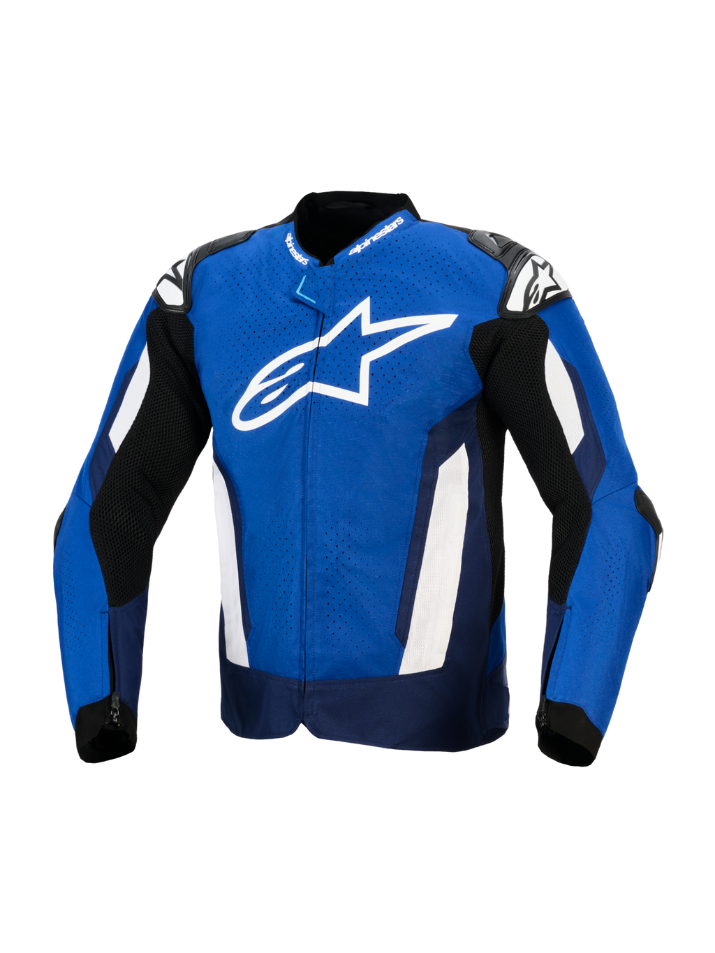 Kurtka Alpinestars T-GP Air, sportowa tekstylna kurtka motocyklowa, jasnoniebieska, granatowa i biała, z dużym białym logo gwiazdy na piersi, laserowo perforowany materiał tekstylny zapewniający wentylację, zewnętrzne slidery na ramionach, odzież sportowa inspirowana wyścigami