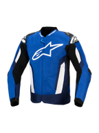 Kurtka Alpinestars T-GP Air, sportowa tekstylna kurtka motocyklowa, jasnoniebieska, granatowa i biała, z dużym białym logo gwiazdy na piersi, laserowo perforowany materiał tekstylny zapewniający wentylację, zewnętrzne slidery na ramionach, odzież sportowa inspirowana wyścigami