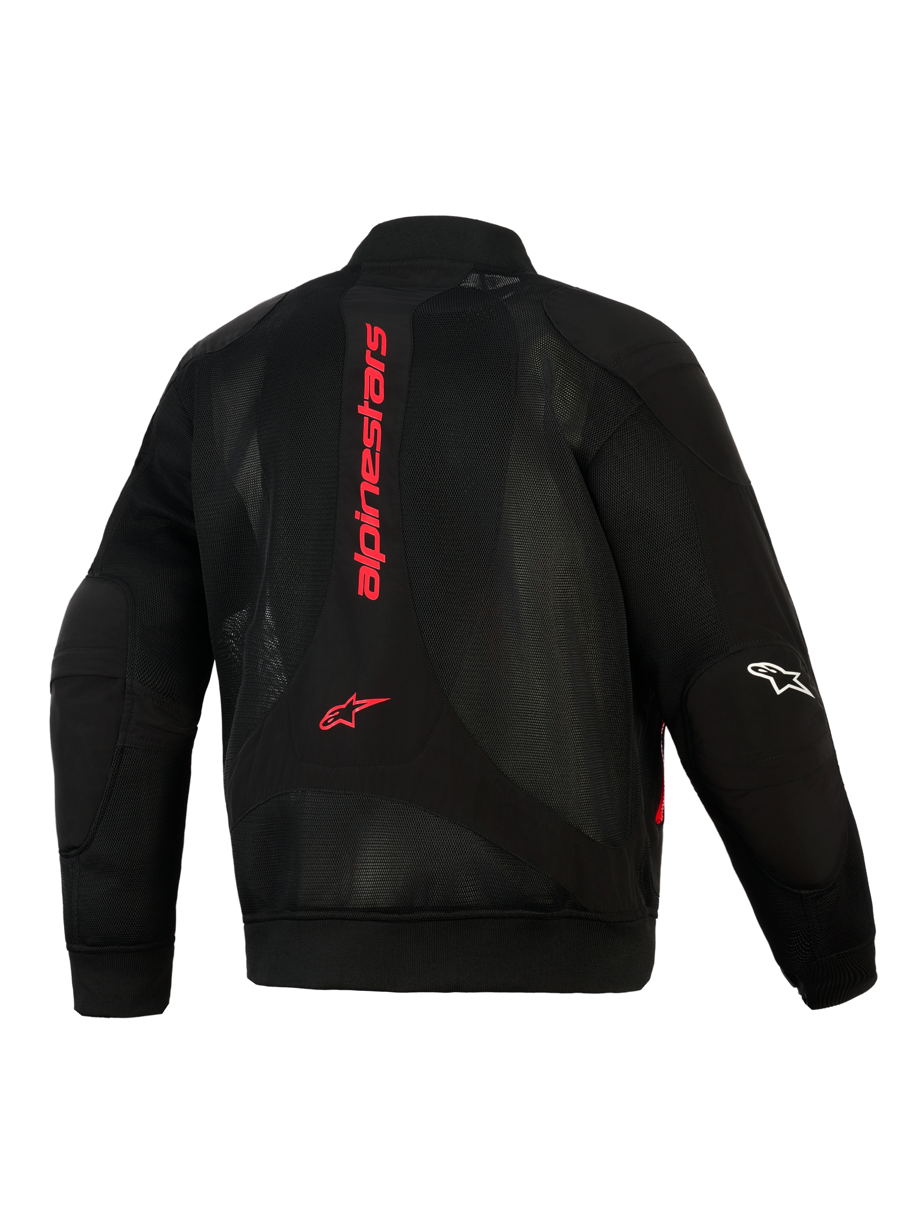 Kurtka Alpinestars Flight Air, czarna z jaskrawoczerwonymi akcentami, widok z tyłu ukazujący konstrukcję z siatki 3D, pionowe czerwone logo Alpinestars na plecach, sylwetka w stylu bomber z prążkowanym pasem i mankietami, białe logo na rękawie