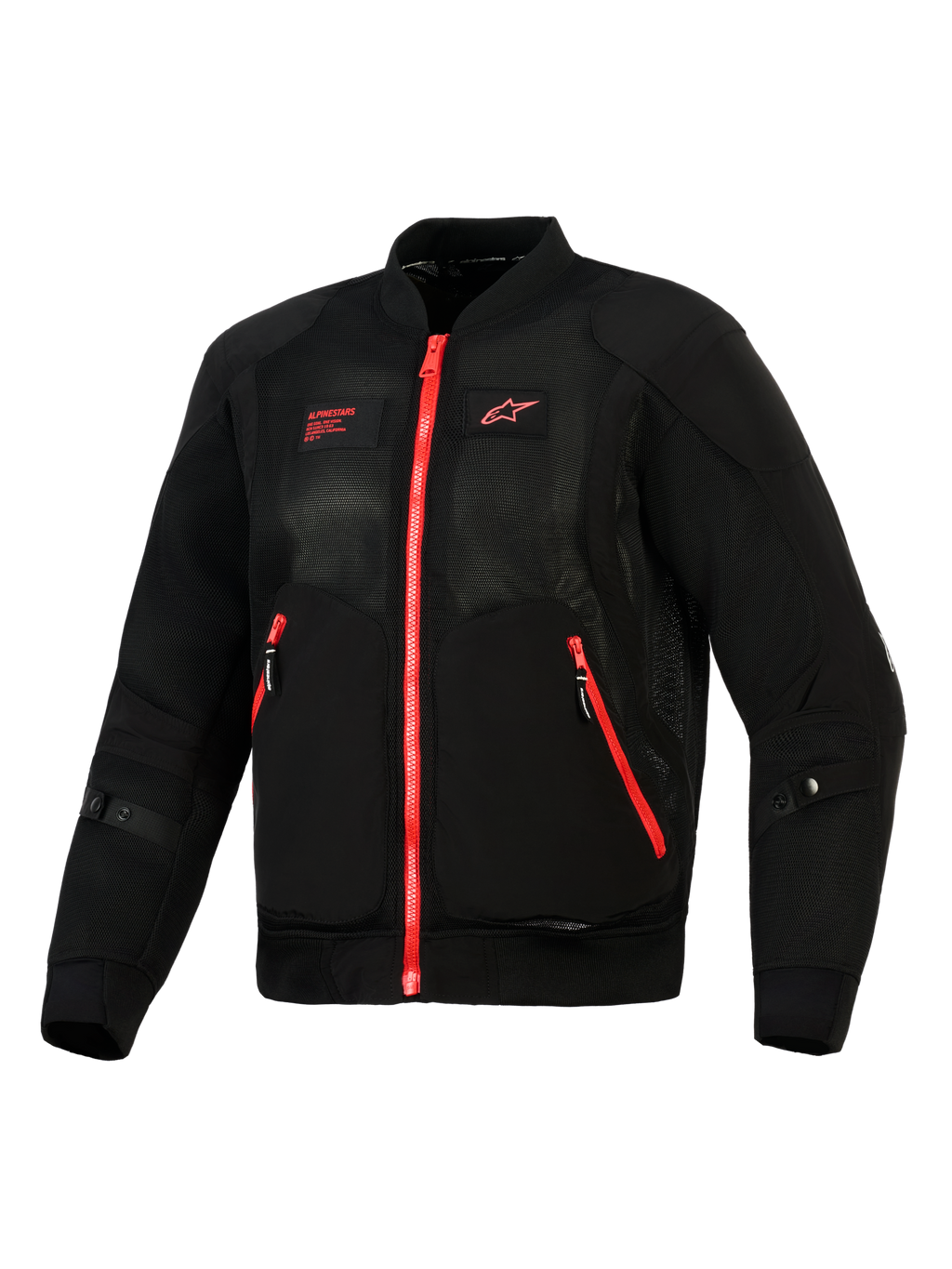 Alpinestars Flight Air Jacket, czarno-czerwona, widok z przodu lekkiej kurtki motocyklowej w stylu bomber z panelami z siatki 3D, kontrastującymi czerwonymi zamkami i czerwonym logo Alpinestars na piersi.