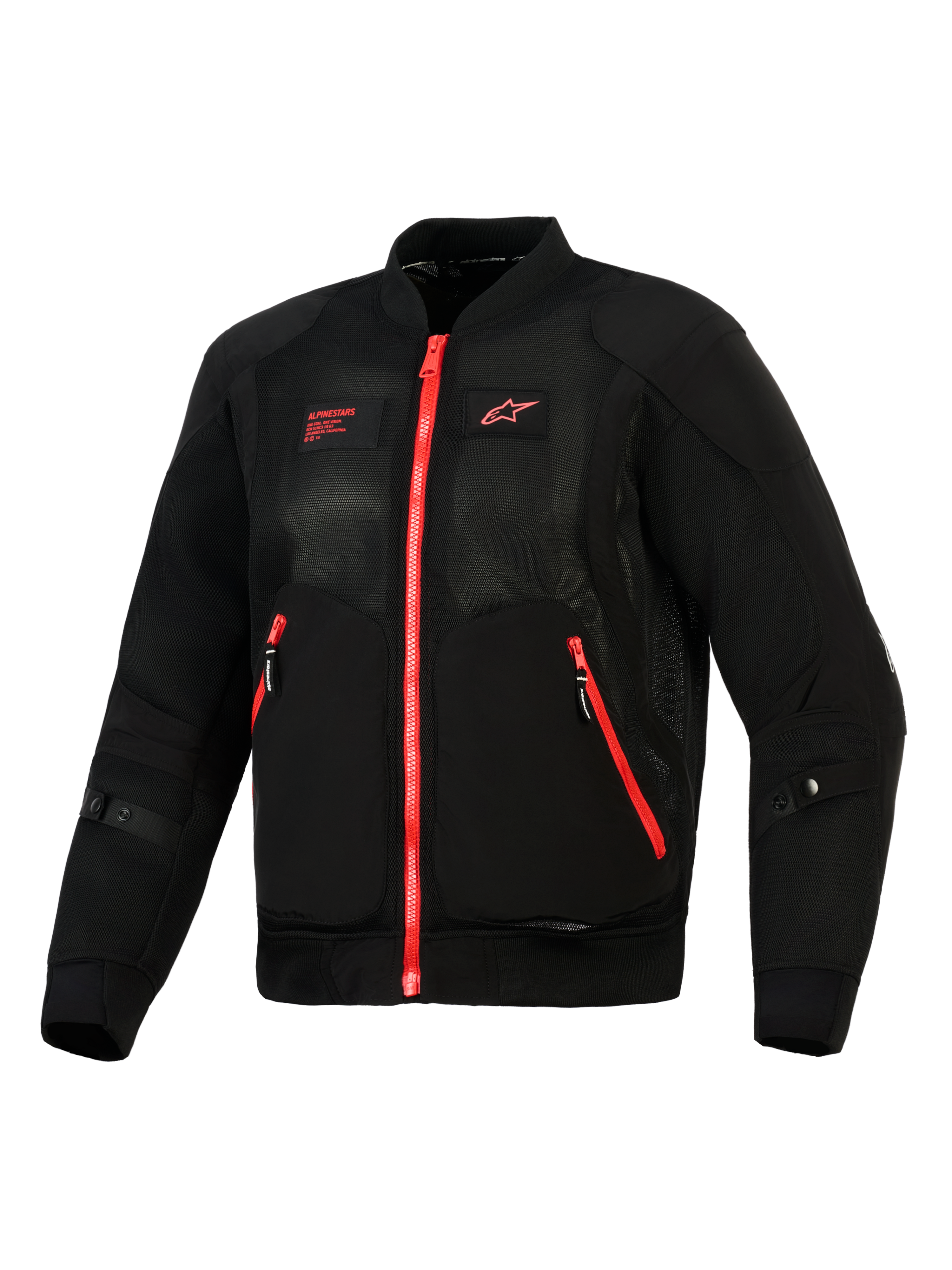 Alpinestars Flight Air Jacket, czarno-czerwona, widok z przodu lekkiej kurtki motocyklowej w stylu bomber z panelami z siatki 3D, kontrastującymi czerwonymi zamkami i czerwonym logo Alpinestars na piersi.