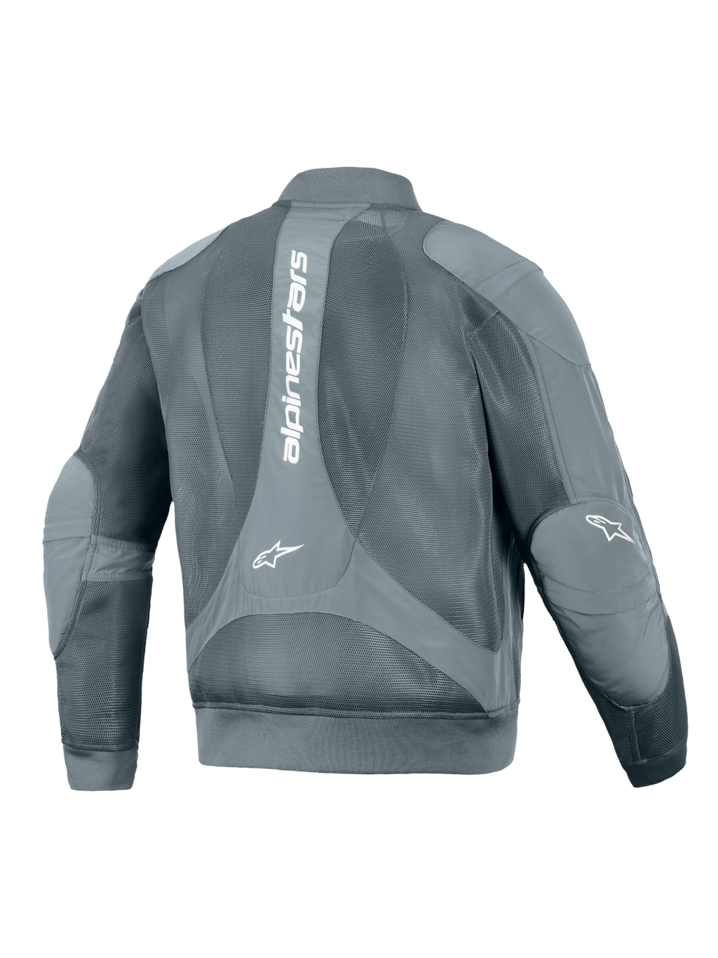 Alpinestars Flight Air Jacket, Urban Motorcycle Jacket, Storm Gray, back view featuring a large vertical white Alpinestars logo, extensive 3D mesh panels for airflow, and bomber-style ribbed waist and cuffs