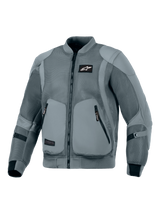 Alpinestars Flight Air Jacket, Storm Gray, miejska kurtka motocyklowa, sylwetka inspirowana kurtką bomber z rozszerzonymi panelami wentylacyjnymi z siatki 3D, prążkowany elastyczny kołnierz i mankiety, czarne logo Astars na piersi, zewnętrzne kieszenie na ochraniacze, zaprojektowana do jazdy miejskiej w gorące dni
