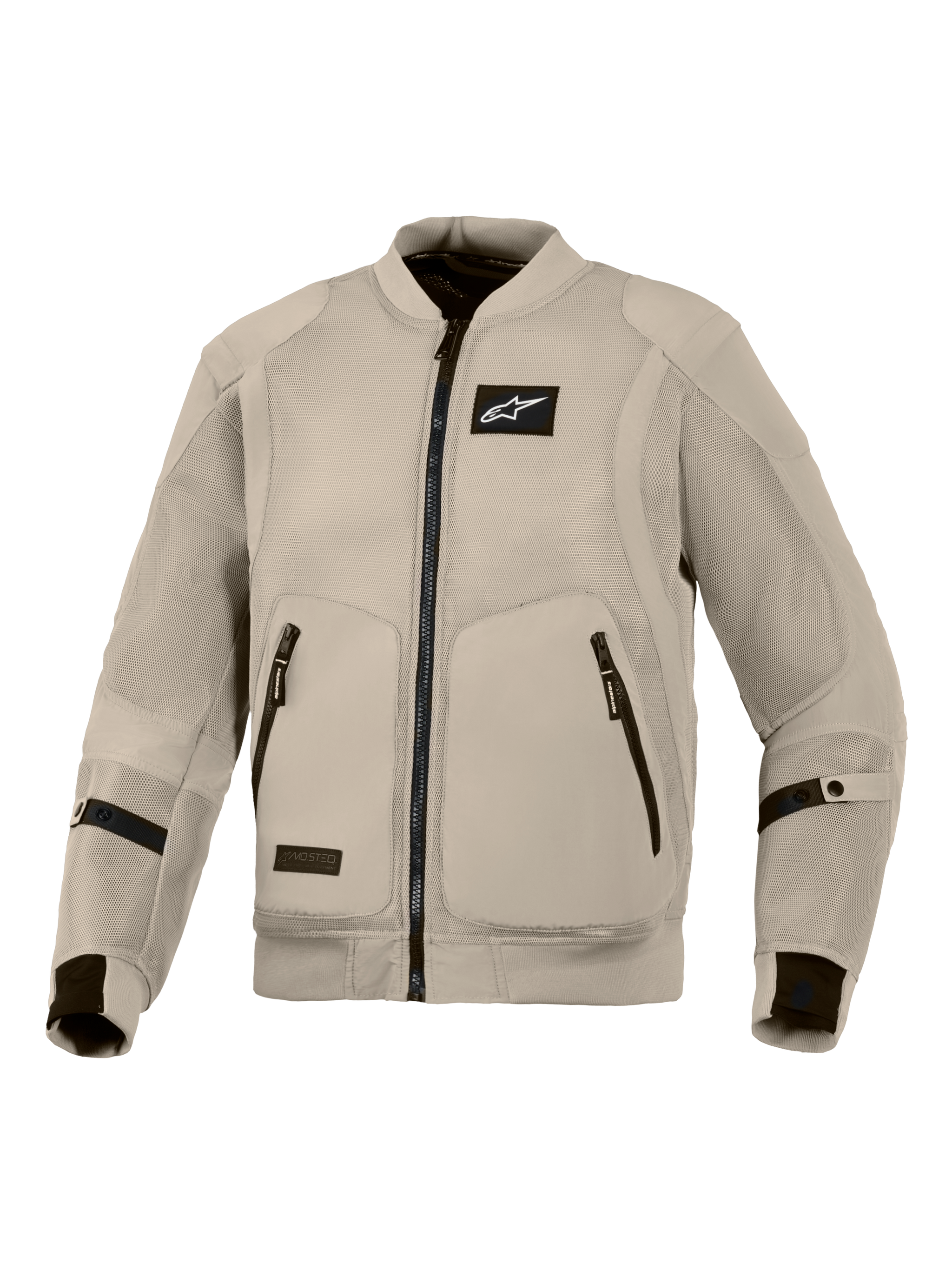 Alpinestars Flight Air Jacket, kurtka motocyklowa w kolorze Aluminum Grey, miejska odzież w stylu bomber z rozbudowanymi panelami z siatki 3D dla maksymalnego przepływu powietrza, czarne logo Alpinestars na piersi, dwie przednie kieszenie zapinane na zamek