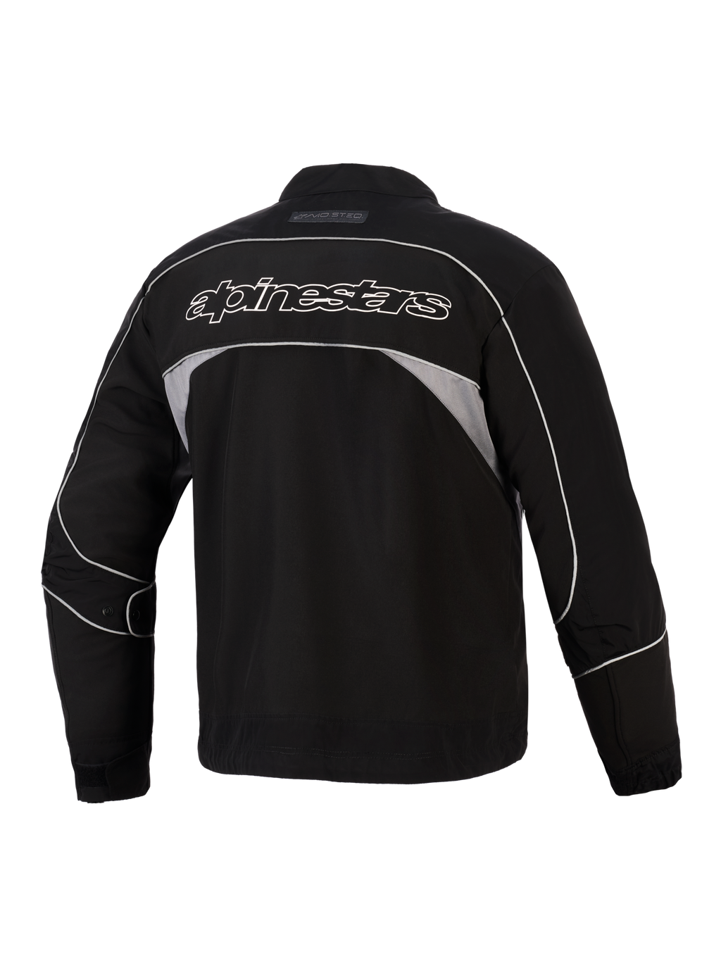 Alpinestars Unite Jacket, Rear View, Black with Dark Gray Reflective Panels, White Outlined Alpinestars Branding Across the Back, Urban Motorcycle Softshell Jacket with Minimalist Design