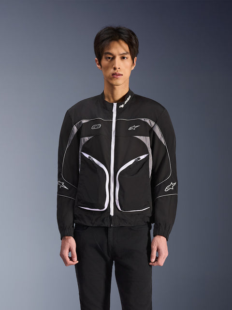 Alpinestars Unite Jacket, czarna kurtka motocyklowa z białymi zamkami i wykończeniami, unisex, nowoczesny sportowy design z logo
