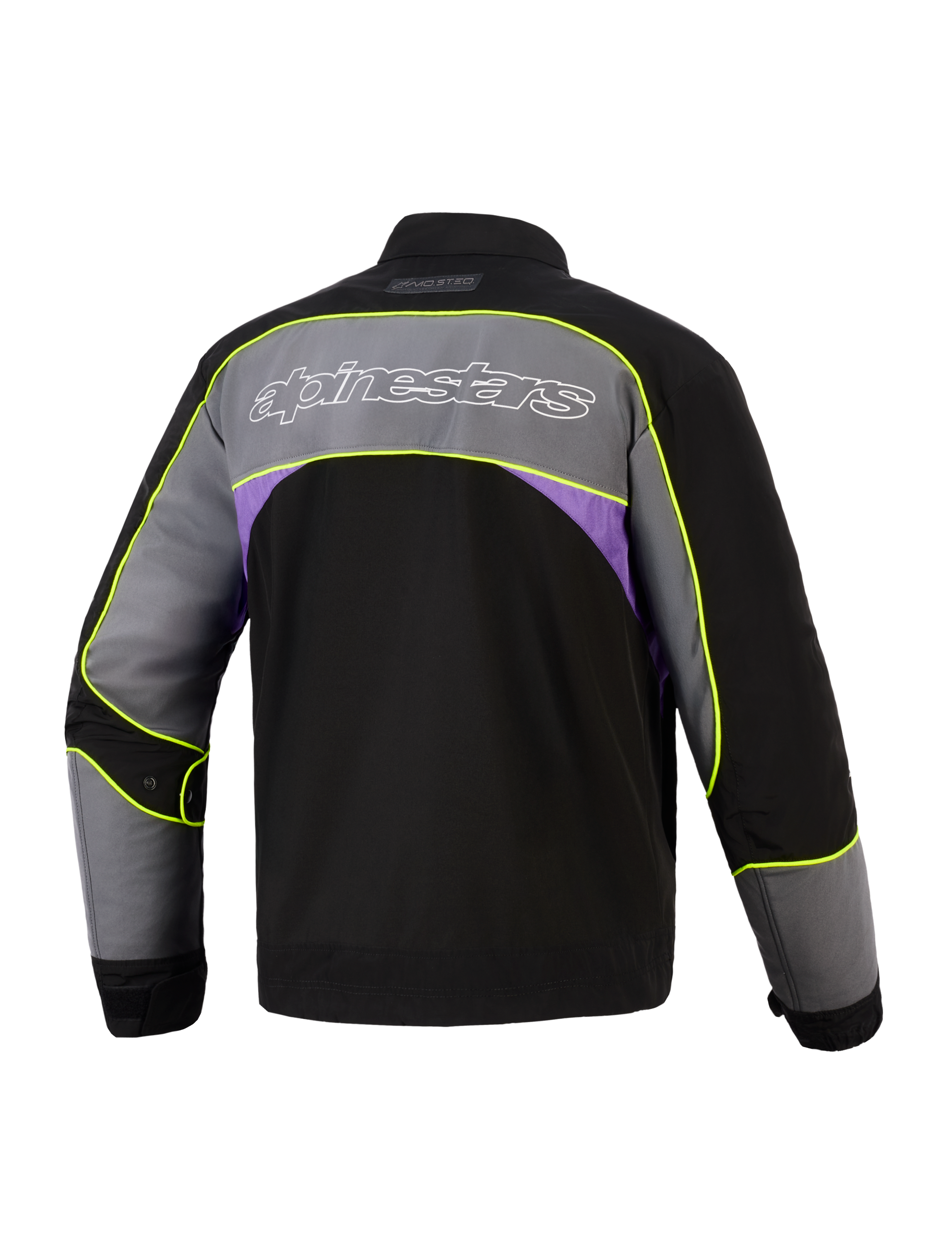 Alpinestars Unite Jacket in Black Asphalt Violet, back view, urban motorcycle jacket with large grey shoulder panel, white outline Alpinestars logo, purple side accents, and high-visibility neon yellow piping along the seams.