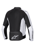 Alpinestars Viper Air V4 Jacket, kurtka motocyklowa, czarno-biała, widok z tyłu z dużymi panelami z siatki technologicznej zapewniającymi przepływ powietrza, białe perforowane panele boczne, wyraźne białe logo Astar w dolnej części pleców, tekstylna konstrukcja do jazdy w ciepłe dni