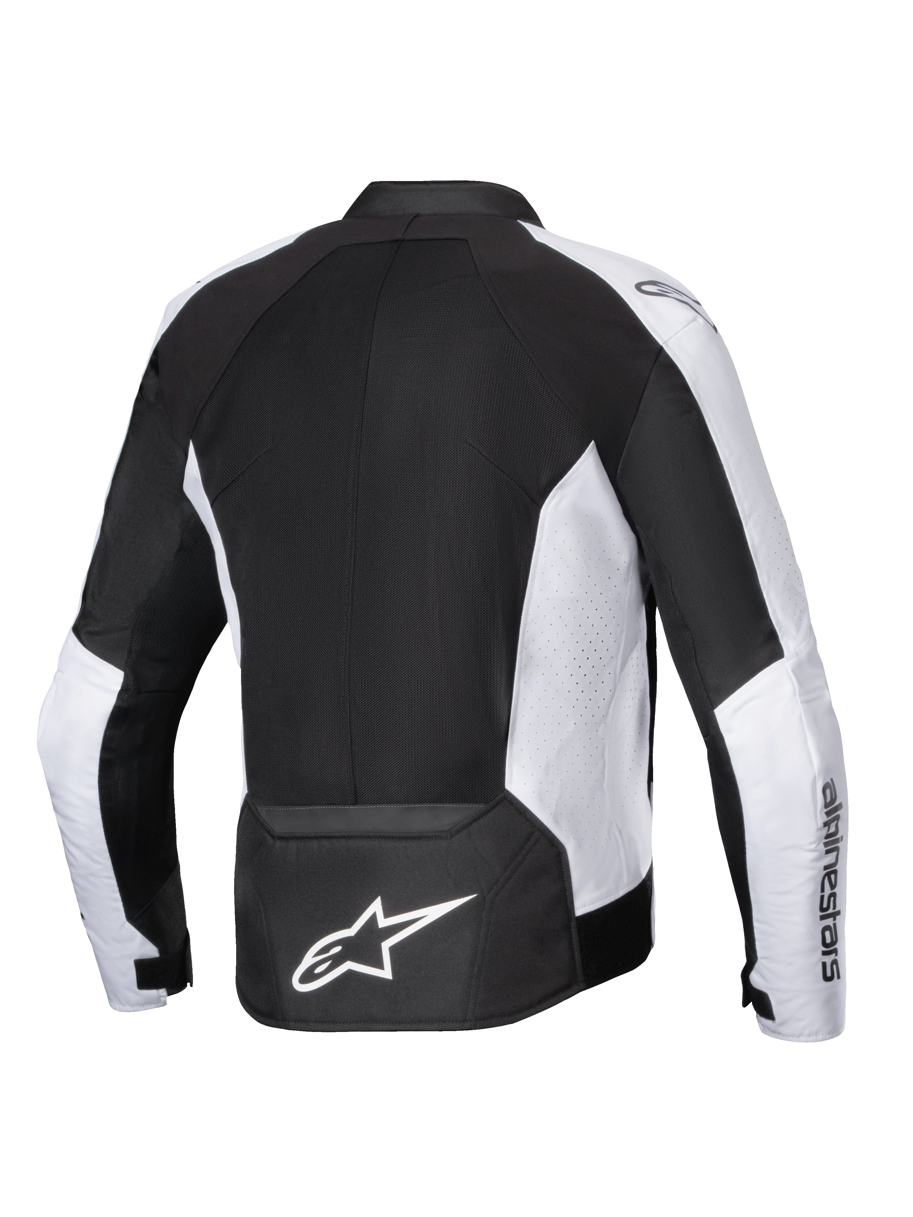 Alpinestars Viper Air V4 Jacket, kurtka motocyklowa, czarno-biała, widok z tyłu z dużymi panelami z siatki technologicznej zapewniającymi przepływ powietrza, białe perforowane panele boczne, wyraźne białe logo Astar w dolnej części pleców, tekstylna konstrukcja do jazdy w ciepłe dni