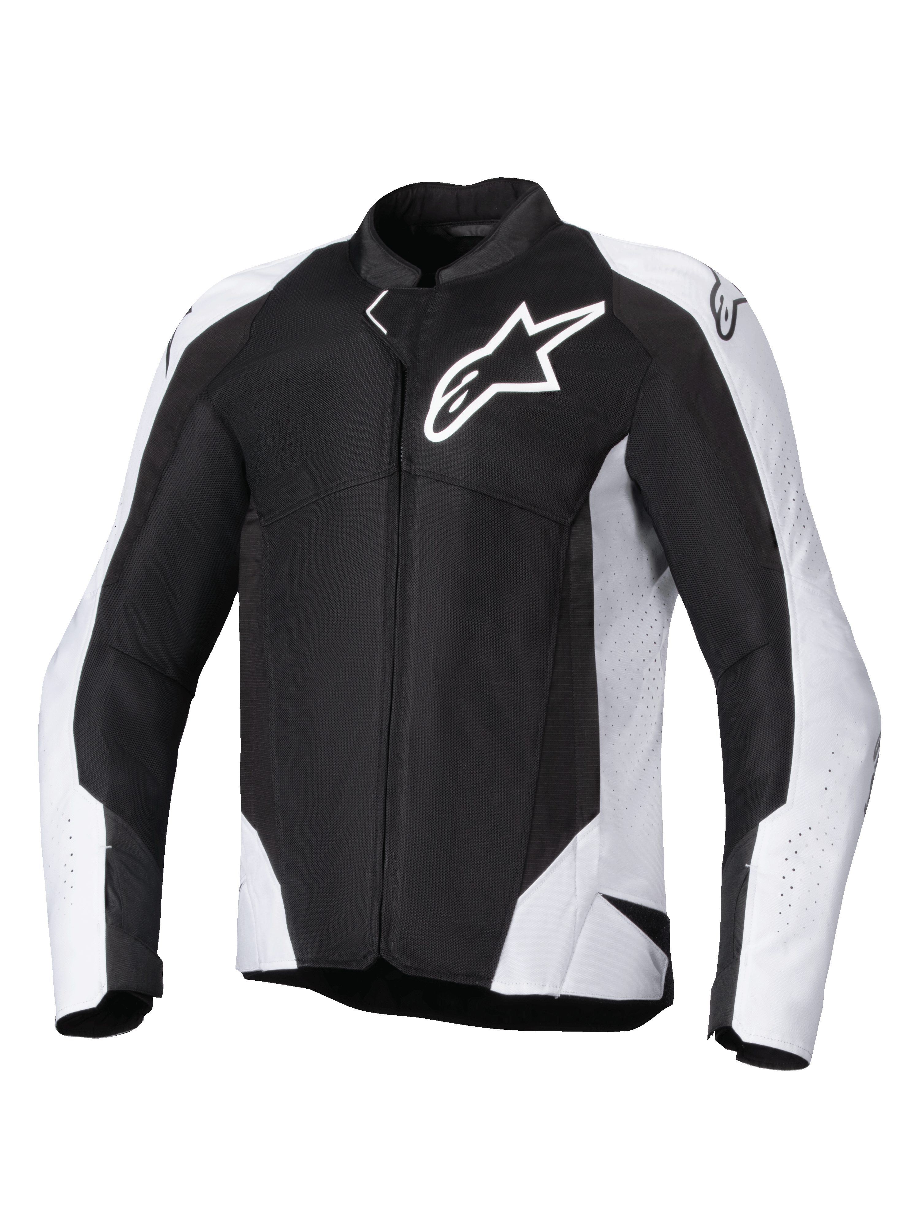 Kurtka Alpinestars Viper Air V4, tekstylna kurtka motocyklowa, czarno-biała, z dużym białym logo Astar na klatce piersiowej, perforowane panele siatkowe zapewniające przepływ powietrza, ergonomiczny sportowy krój do jazdy szosowej
