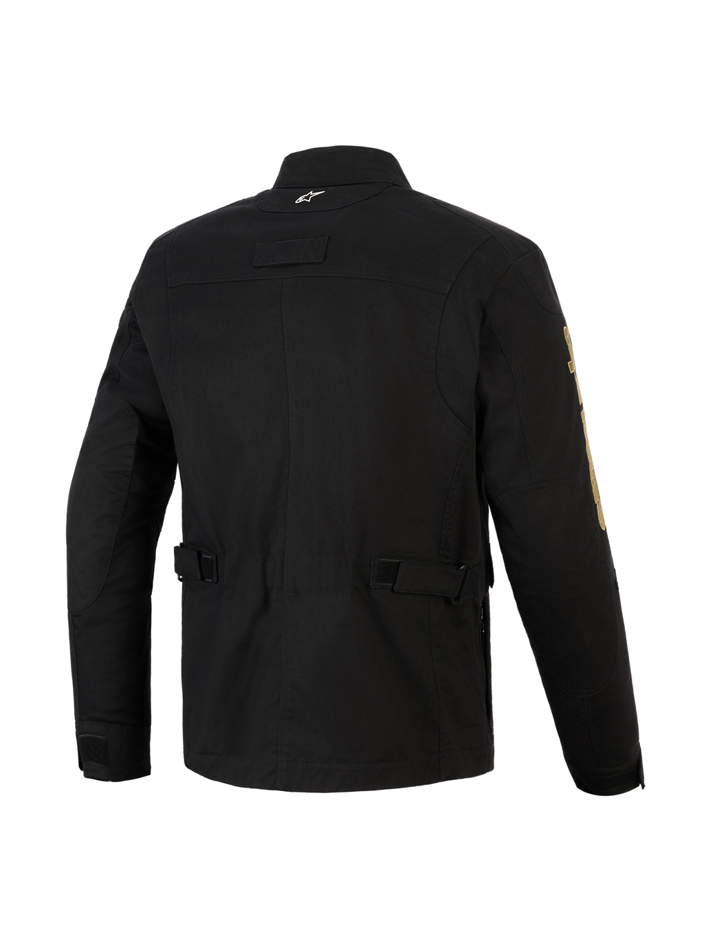 Alpinestars Dice Jacket, czarna miejska kurtka motocyklowa, widok z tyłu pokazujący paski regulacyjne w talii i plisowane ramiona, estetyka kurtki polowej vintage z nowoczesną konstrukcją tekstylną, z małym białym logo na kołnierzu i złotym brandingiem na rękawie