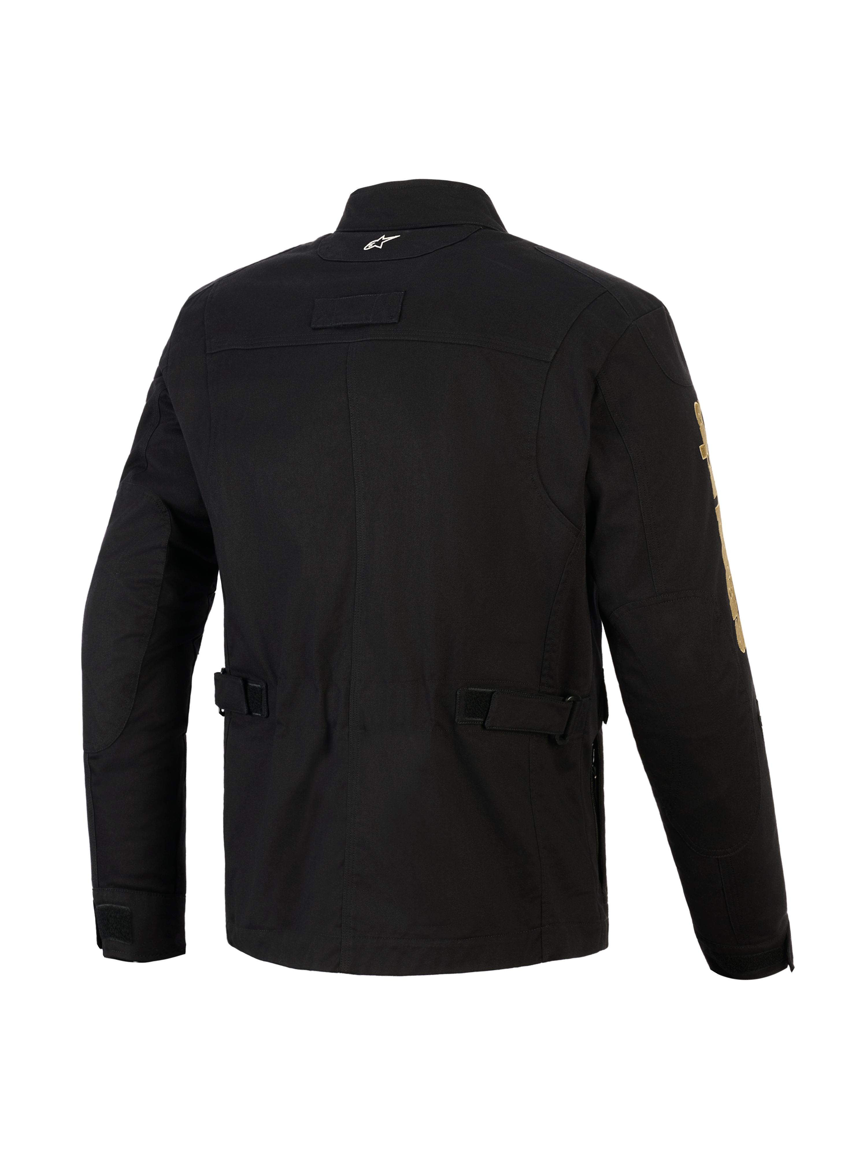 Alpinestars Dice Jacket, czarna miejska kurtka motocyklowa, widok z tyłu pokazujący paski regulacyjne w talii i plisowane ramiona, estetyka kurtki polowej vintage z nowoczesną konstrukcją tekstylną, z małym białym logo na kołnierzu i złotym brandingiem na rękawie
