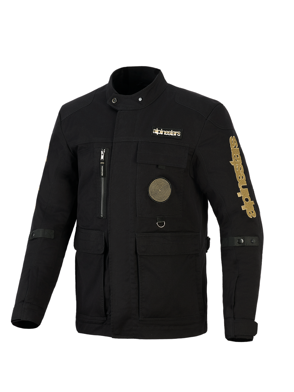 Kurtka Alpinestars Dice, miejska motocyklowa kurtka polowa, czarna ze złotym brandingiem, z wieloma kieszeniami użytkowymi, spiralną naszywkę na piersi, fasonem inspirowanym stylem vintage, wykonana z wodoodpornego materiału.