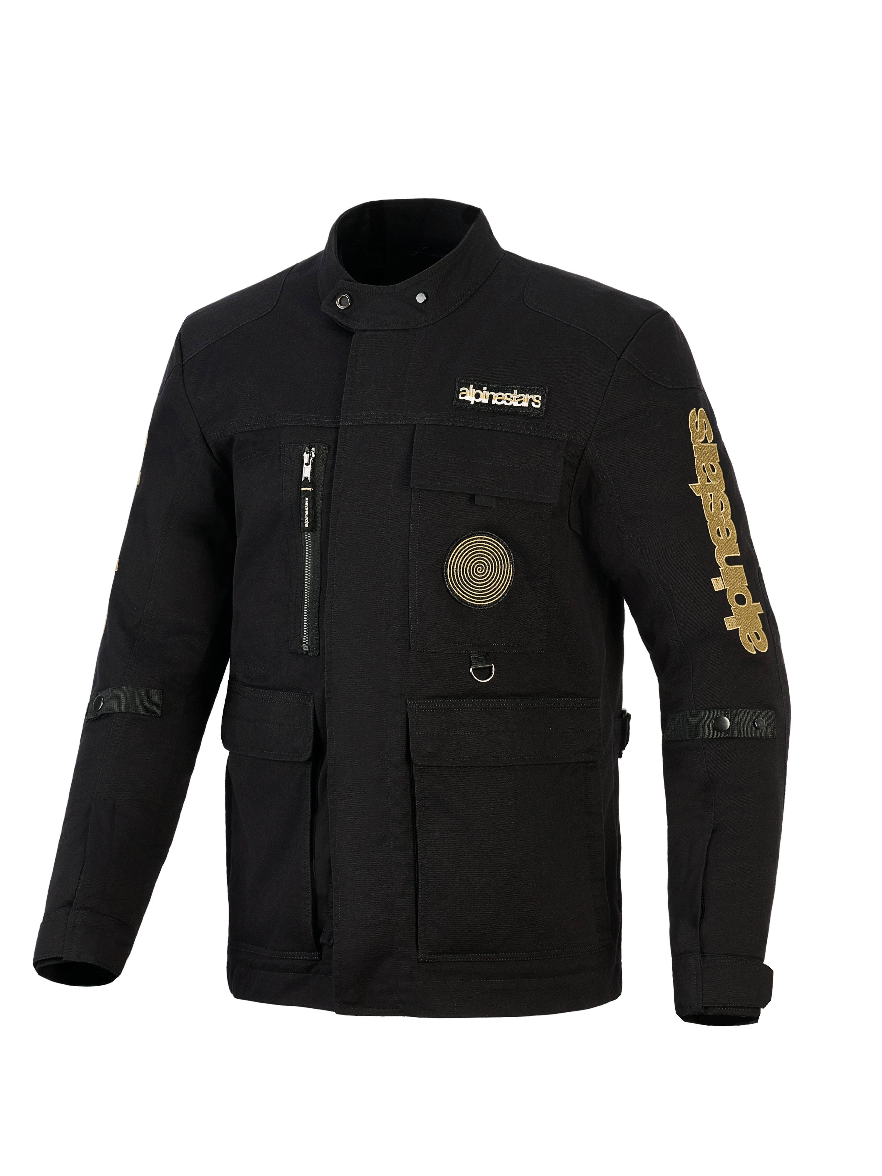 Kurtka Alpinestars Dice, miejska motocyklowa kurtka polowa, czarna ze złotym brandingiem, z wieloma kieszeniami użytkowymi, spiralną naszywkę na piersi, fasonem inspirowanym stylem vintage, wykonana z wodoodpornego materiału.
