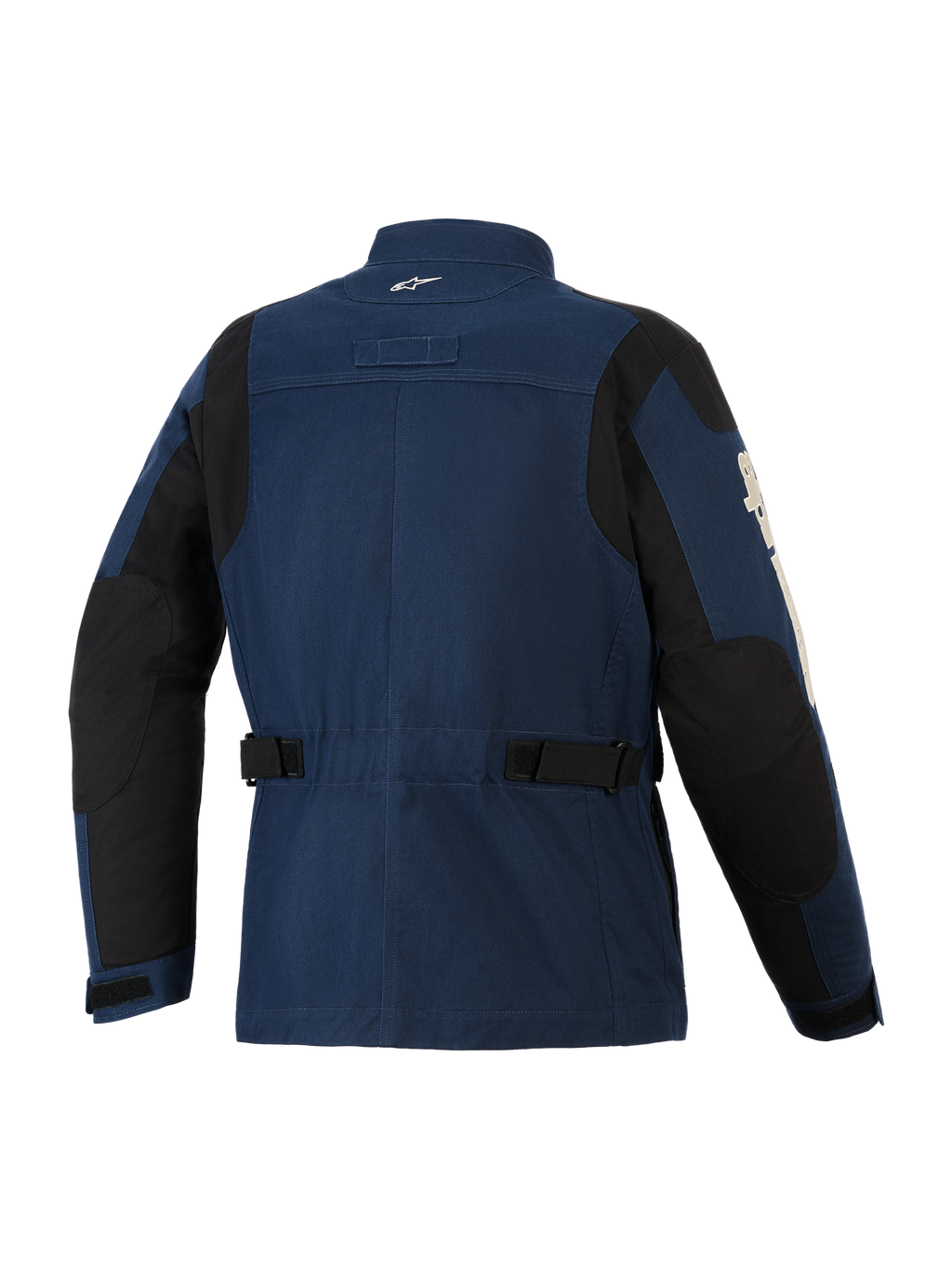 Alpinestars Dice Jacket, miejska kurtka motocyklowa, ciemnoniebieska i czarna, widok z tyłu przedstawiający fason kurtki terenowej, regulowane paski w talii, czarne panele wzmacniające na ramionach i łokciach, małe białe logo na kołnierzu