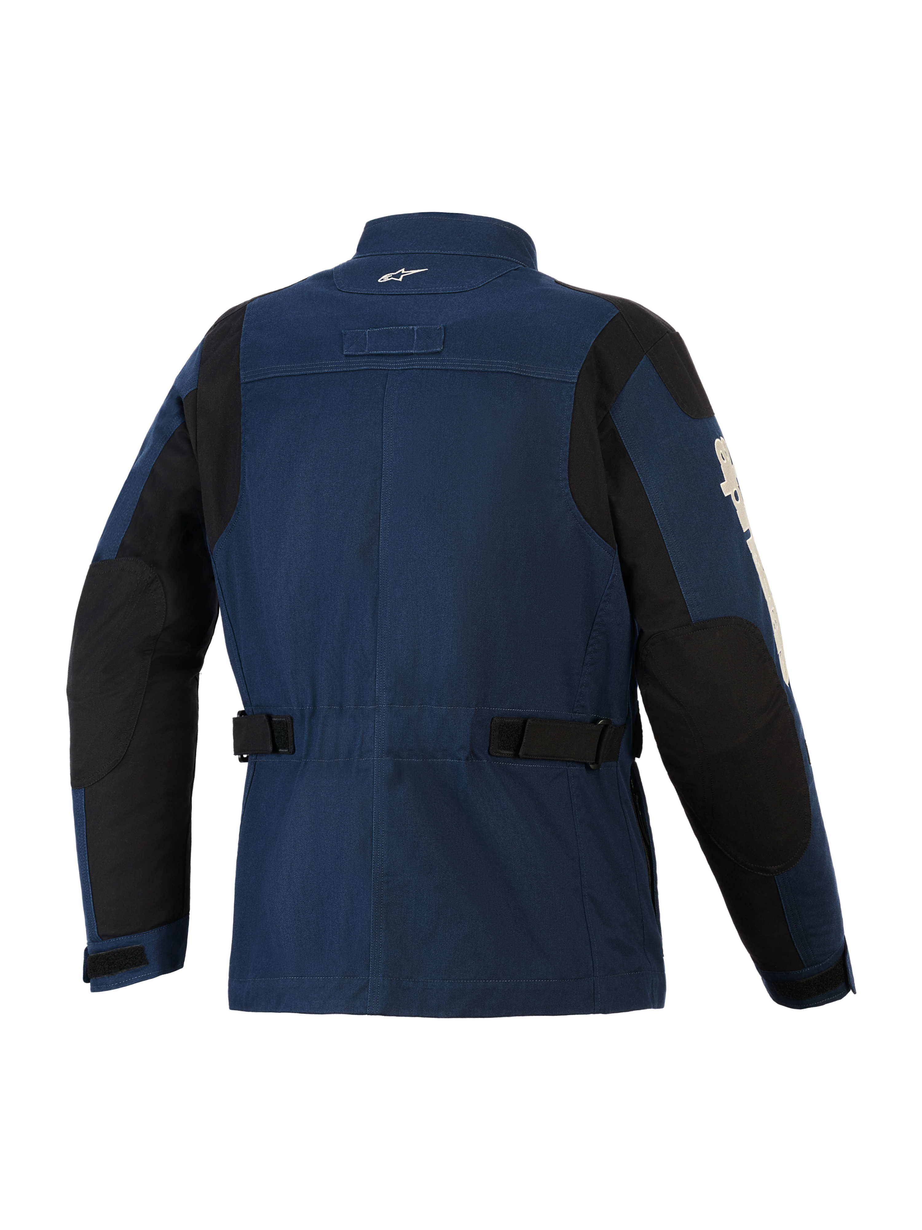 Alpinestars Dice Jacket, miejska kurtka motocyklowa, ciemnoniebieska i czarna, widok z tyłu przedstawiający fason kurtki terenowej, regulowane paski w talii, czarne panele wzmacniające na ramionach i łokciach, małe białe logo na kołnierzu