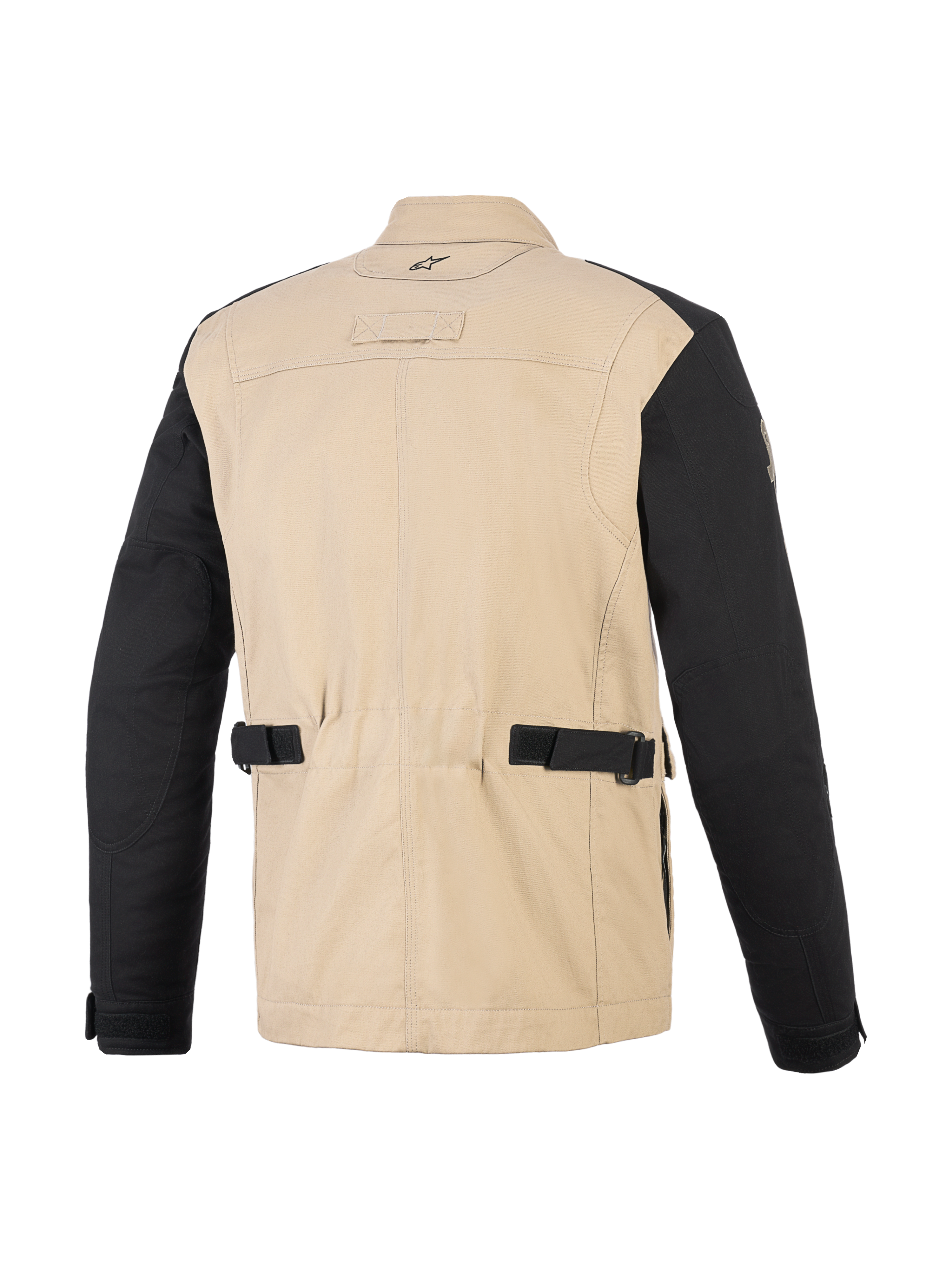 Alpinestars Dice Jacket, miejska kurtka motocyklowa, Aluminum Black, widok z tyłu ukazujący beżowy korpus z polibawełny i czarne rękawy, paski do regulacji w talii, plisowane panele na ramionach, design inspirowany odzieżą roboczą