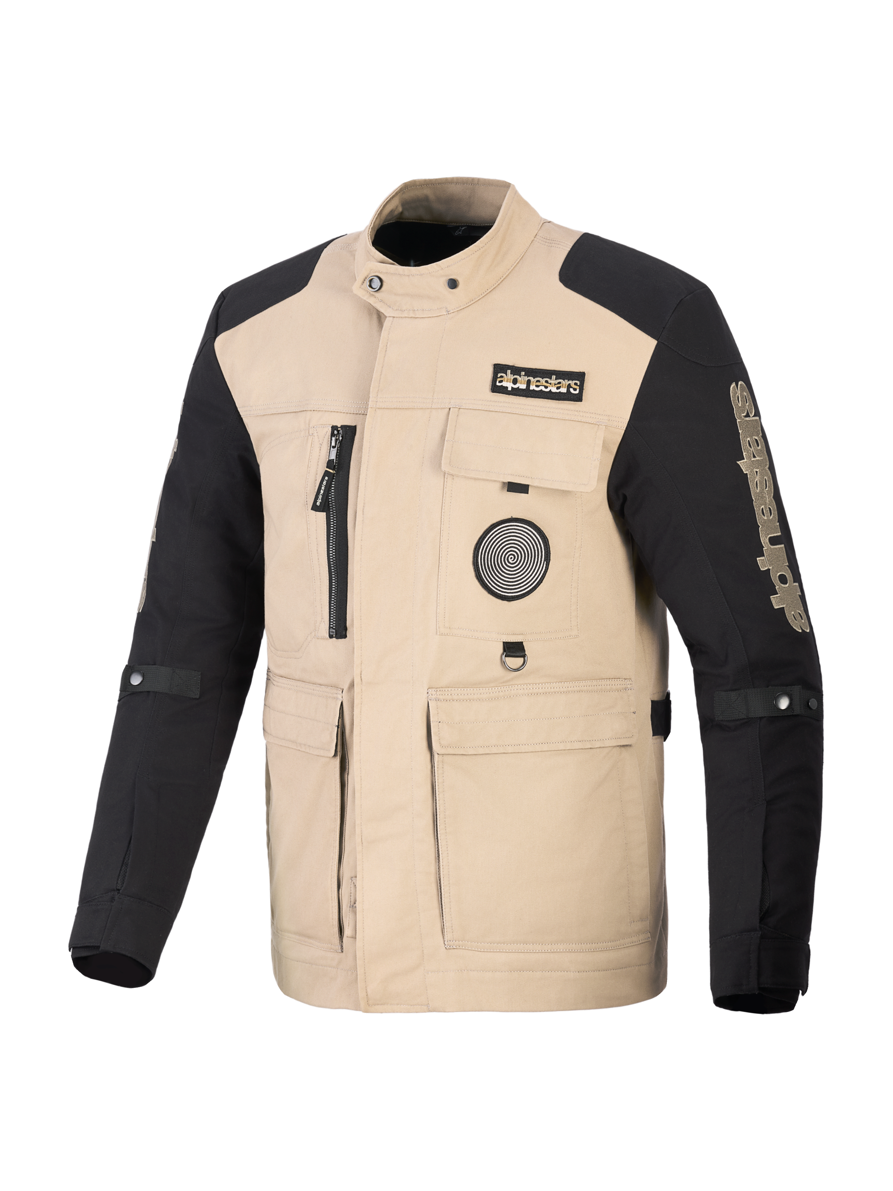 Alpinestars Dice Jacket, miejska kurtka motocyklowa, piaskowa i czarna, design inspirowany odzieżą roboczą z czterema przednimi kieszeniami użytkowymi i naszywkami z logo, wytrzymała konstrukcja tekstylna do jazdy miejskiej