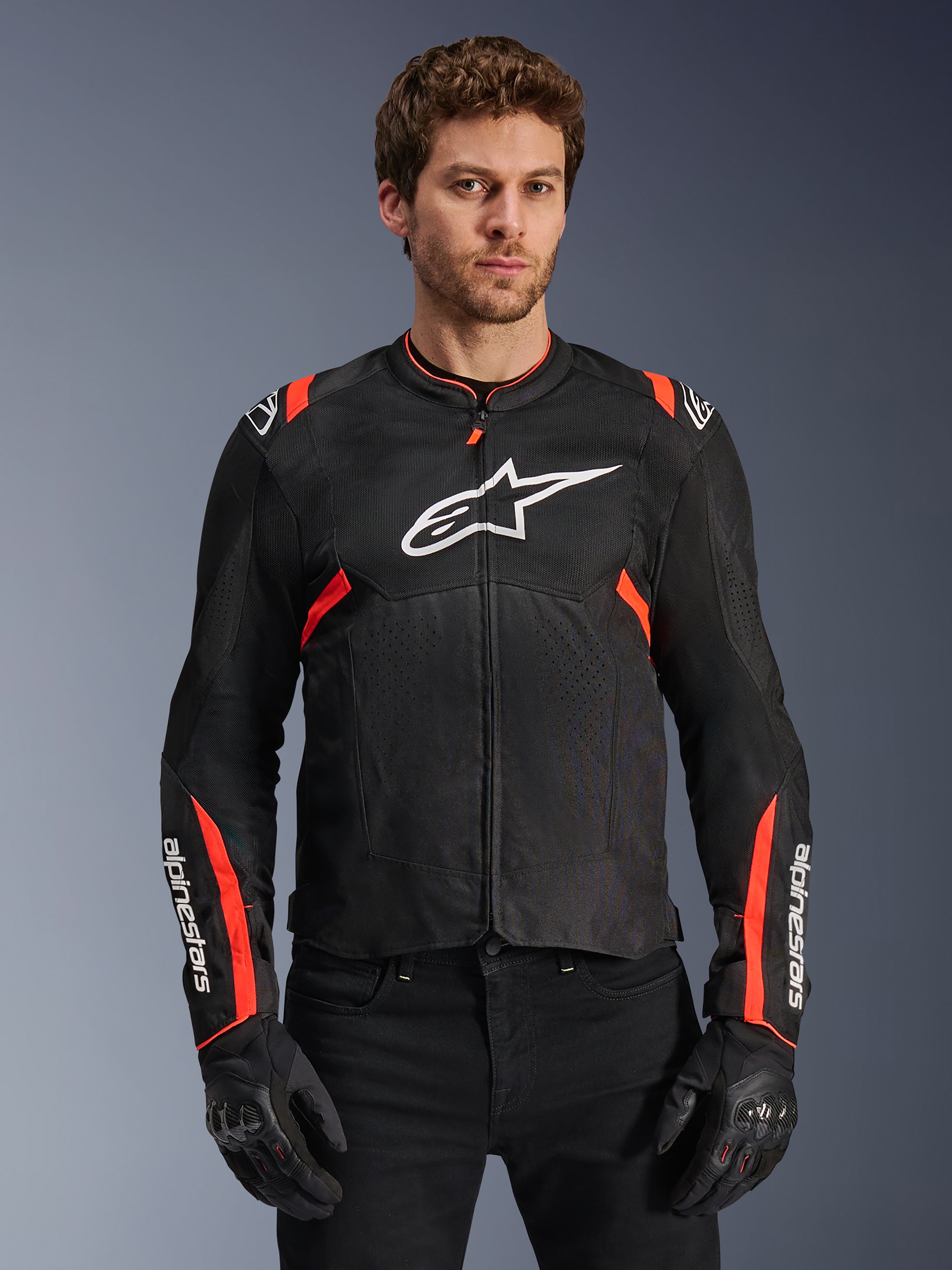 Alpinestars T-SPS Air V2, męska kurtka motocyklowa, czarna i czerwona fluo, panele z siatki technicznej mesh zapewniające przepływ powietrza, sportowy krój.