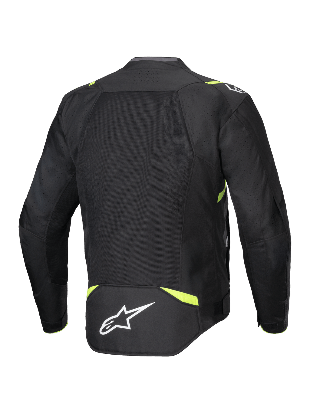 Kurtka Alpinestars T-SPS Air V2, tekstylna kurtka motocyklowa, czarno-żółta fluo, widok z tyłu z dużymi panelami z siatki dla przepływu powietrza, fluorescencyjne żółte akcenty na ramionach i w talii, białe logo Alpinestars w dolnej części pleców