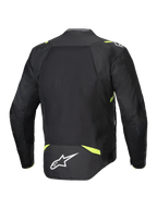 Kurtka Alpinestars T-SPS Air V2, tekstylna kurtka motocyklowa, czarno-żółta fluo, widok z tyłu z dużymi panelami z siatki dla przepływu powietrza, fluorescencyjne żółte akcenty na ramionach i w talii, białe logo Alpinestars w dolnej części pleców