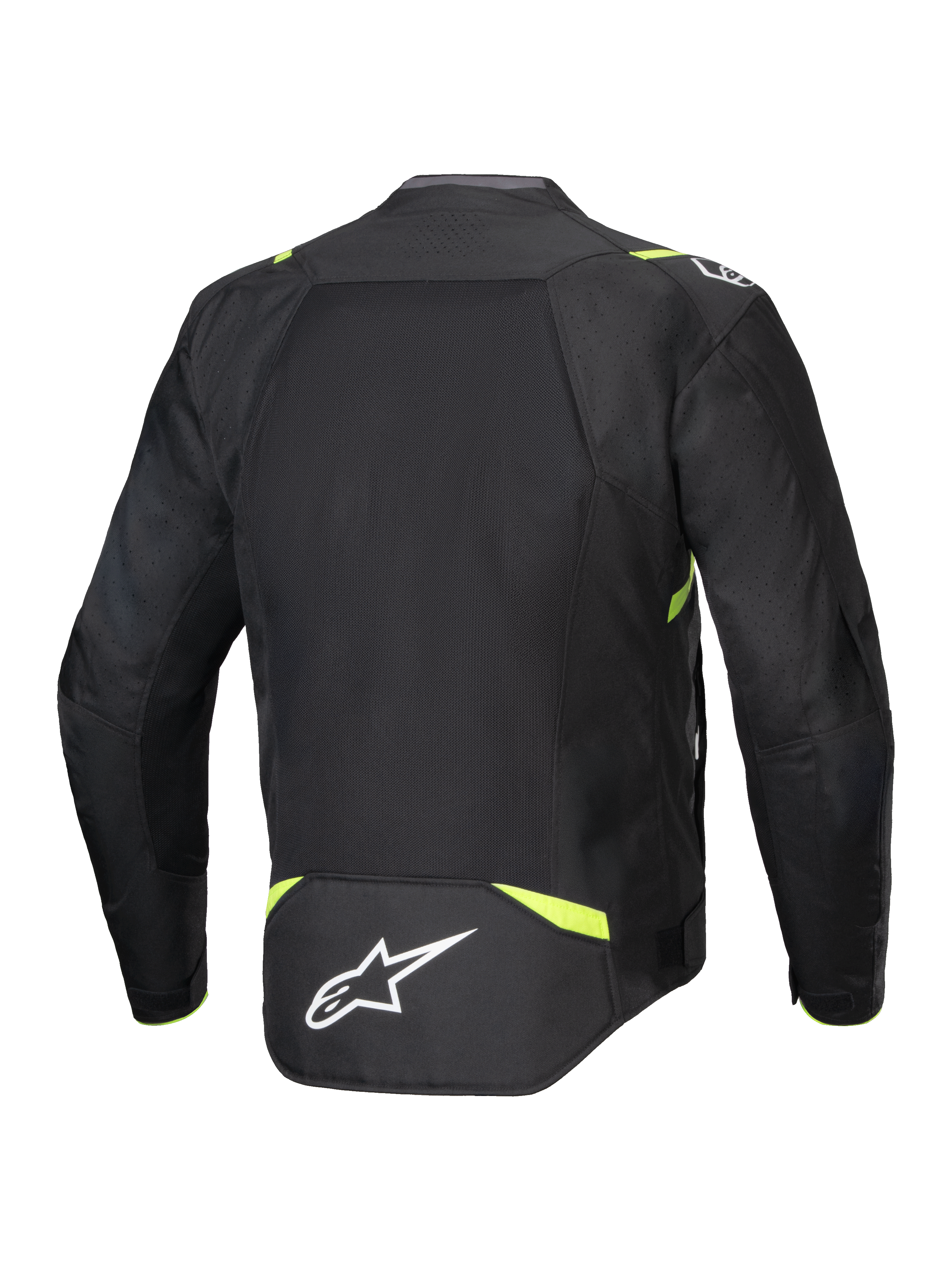 Kurtka Alpinestars T-SPS Air V2, tekstylna kurtka motocyklowa, czarno-żółta fluo, widok z tyłu z dużymi panelami z siatki dla przepływu powietrza, fluorescencyjne żółte akcenty na ramionach i w talii, białe logo Alpinestars w dolnej części pleców