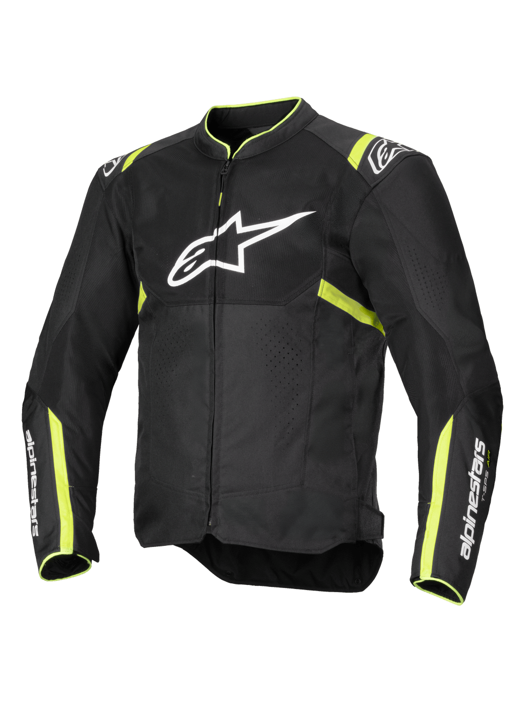 Kurtka Alpinestars T-Sps Air V2, kurtka motocyklowa, czarna z żółtymi fluorescencyjnymi akcentami, duże białe logo na klatce piersiowej, panele z siatki dla wentylacji, fluorescencyjne żółte detale na ramionach i rękawach, sportowy design tekstylny
