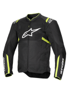Kurtka Alpinestars T-Sps Air V2, kurtka motocyklowa, czarna z żółtymi fluorescencyjnymi akcentami, duże białe logo na klatce piersiowej, panele z siatki dla wentylacji, fluorescencyjne żółte detale na ramionach i rękawach, sportowy design tekstylny